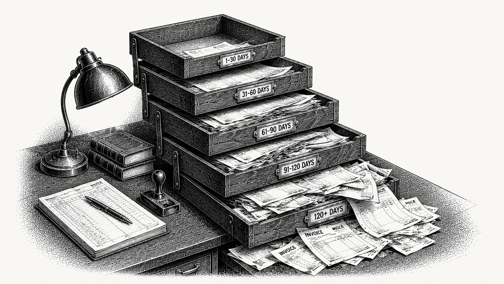Isometric stipple illustration of five filing trays in a descending row, each more overfilled than the last, representing invoices stacking up across aging buckets.