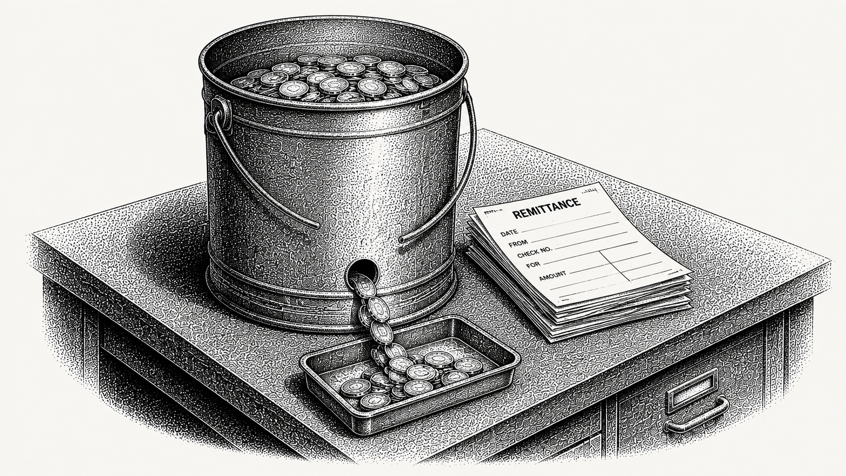Isometric stipple illustration of a cash pail leaking coins through a punched hole, representing margin draining through short pays and deductions.
