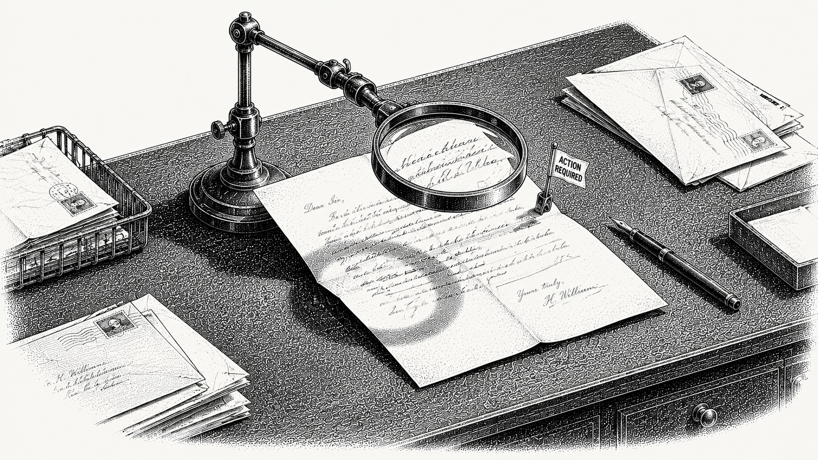 Isometric stipple illustration of a magnifier held over a single flagged letter among scattered correspondence, representing a dispute caught in the reply the moment it is raised