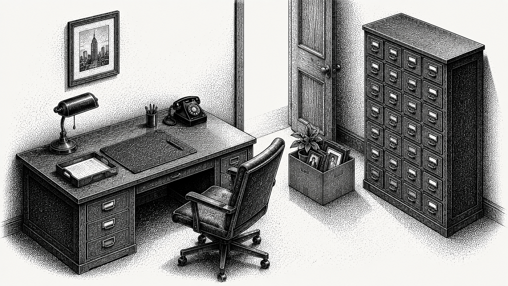 Isometric stipple illustration of an emptied desk with a departure box by the door beside a full card catalogue cabinet, representing account knowledge that should stay on the record when a person leaves.