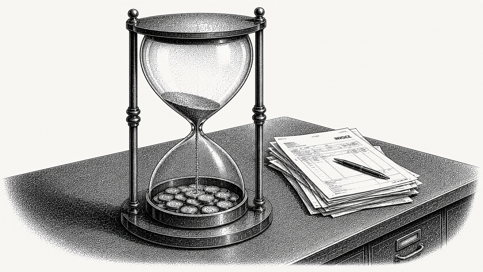 Isometric stipple illustration of an hourglass draining sand into a tray of coins beside a stack of invoices, representing turning the days an invoice waits into cash sooner.