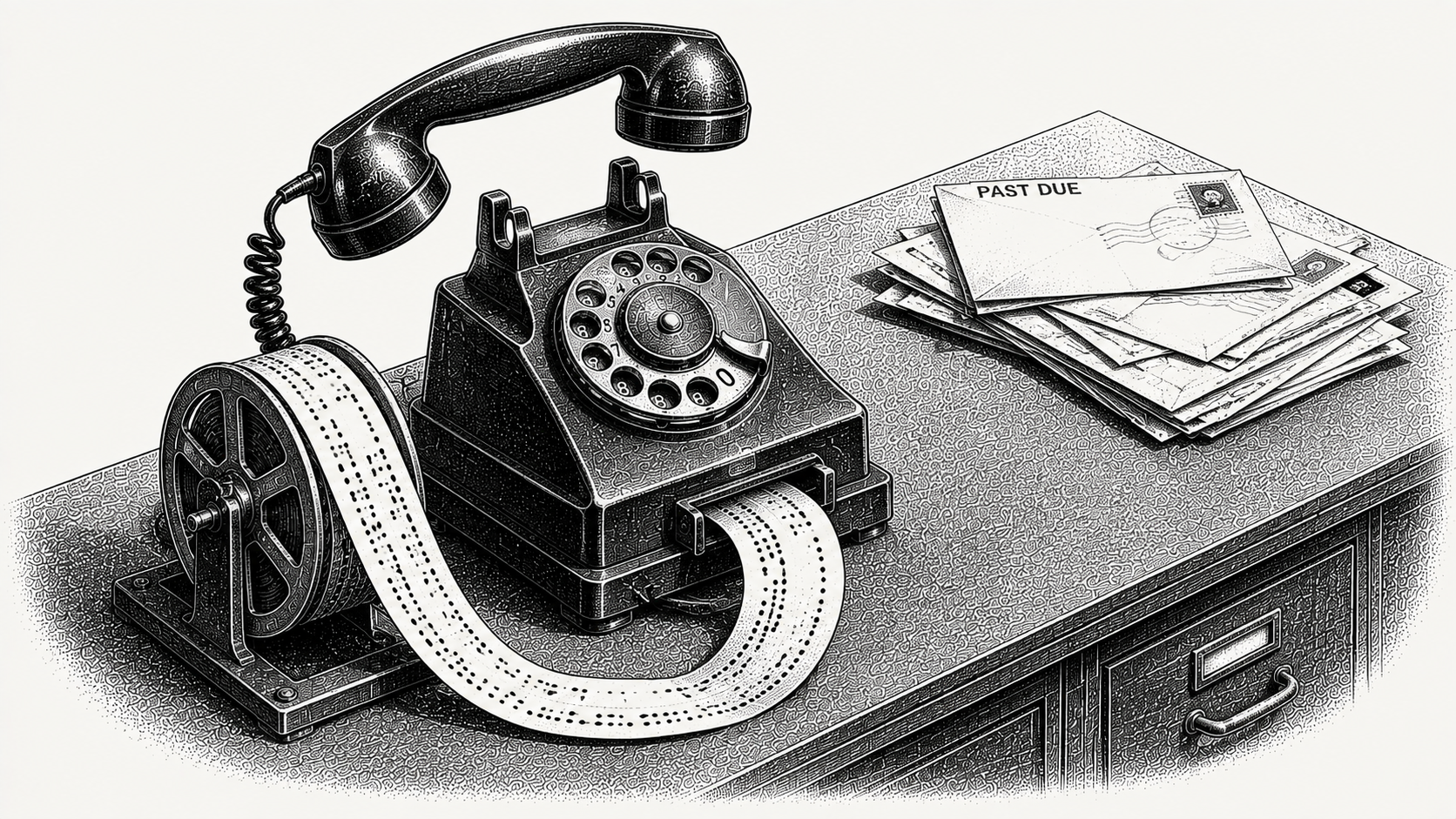 Isometric stipple illustration of a rotary telephone fed by a reel of punched paper tape, representing an automated agent placing a collections call