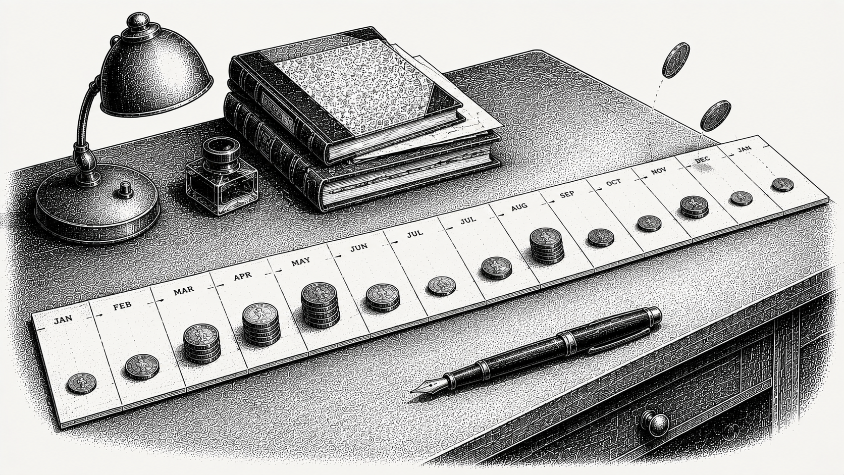 Isometric stipple illustration of a thirteen-segment calendar strip with coins resting on different weeks, representing expected cash receipts forecast by when each customer actually pays.