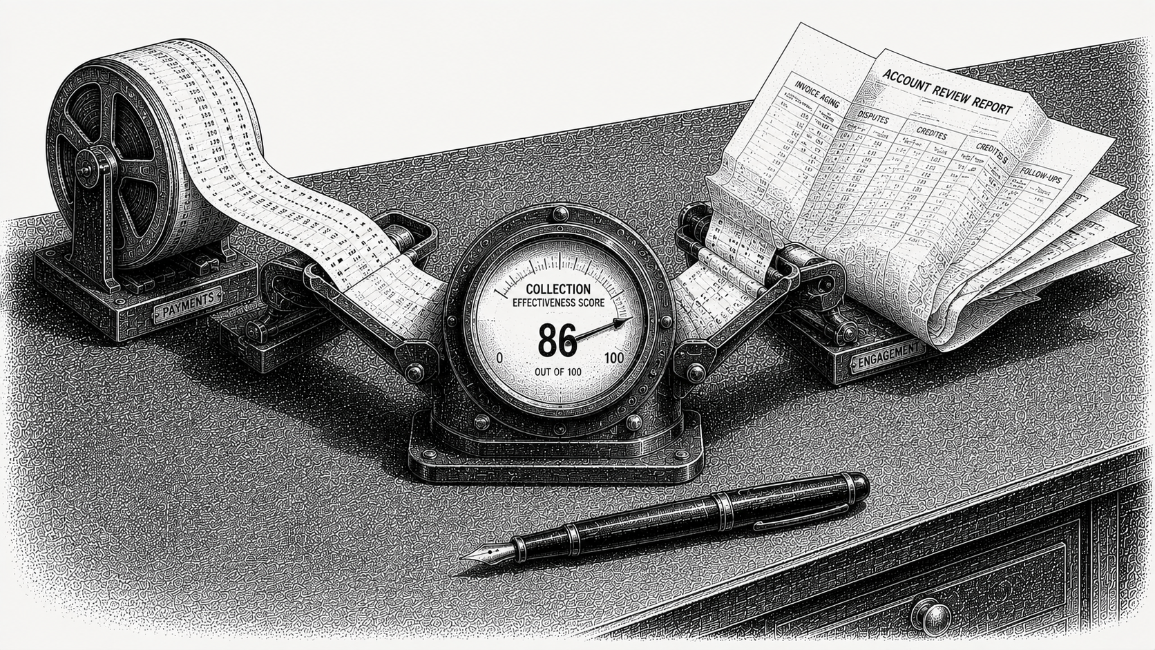  Isometric stipple illustration of two paper feeds, a ledger tape and a bureau report, merging into a single dial gauge, representing first-party and third-party signals combined into one credit score.