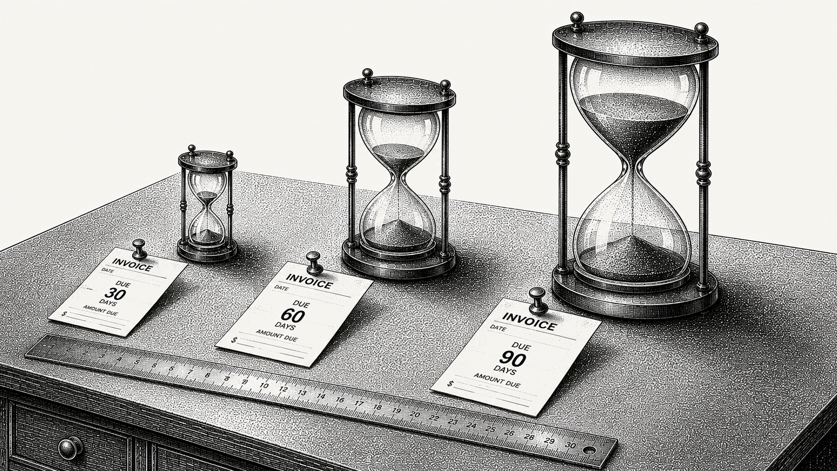 Isometric stipple illustration of three hourglasses of increasing size beside three invoices, representing Net 30, Net 60, and Net 90 payment terms.