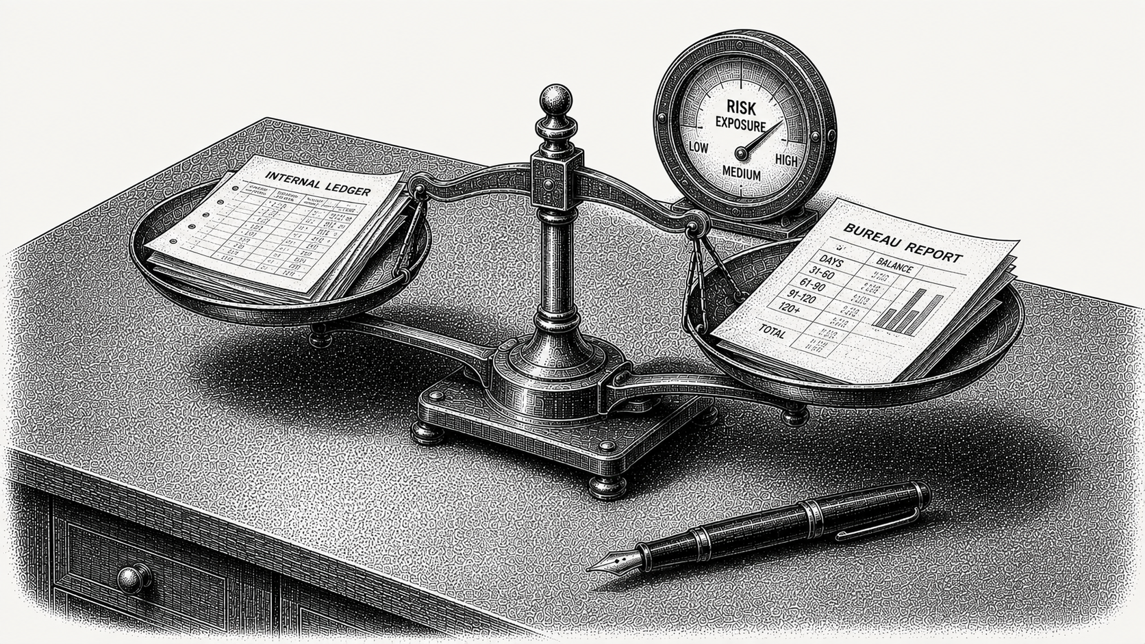 Isometric stipple illustration of a balance scale weighing internal ledger pages against a bureau report beside a risk dial, representing weighing first-party and third-party signals to assess credit risk.