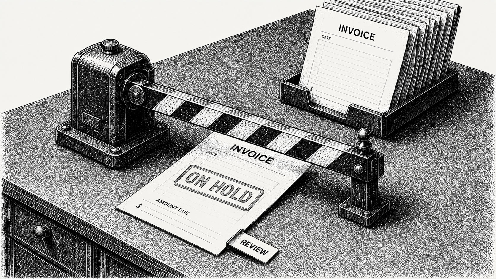 Isometric stipple illustration of an invoice stopped under a lowered barrier arm with papers queued behind it, representing an account paused on credit hold.