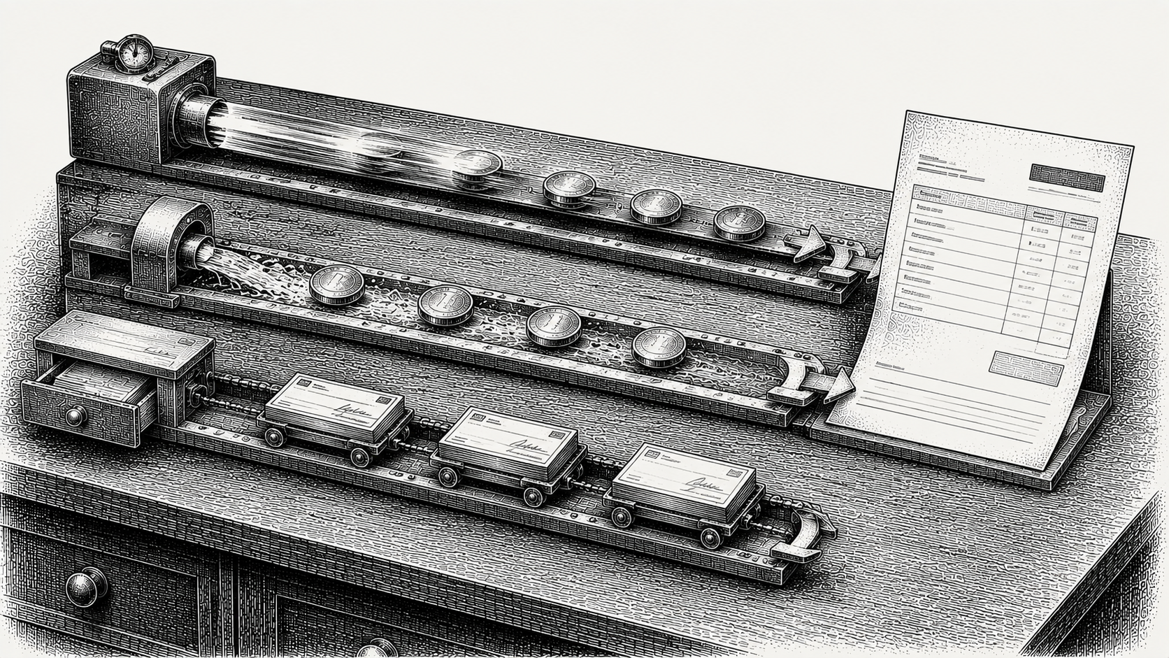 Engraving comparing ACH, wire, and check payment rails converging on a single B2B invoice.
