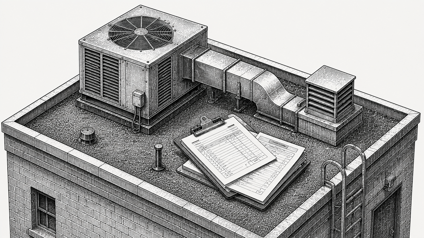 Engraving of a commercial rooftop HVAC unit beside a contractor invoice.