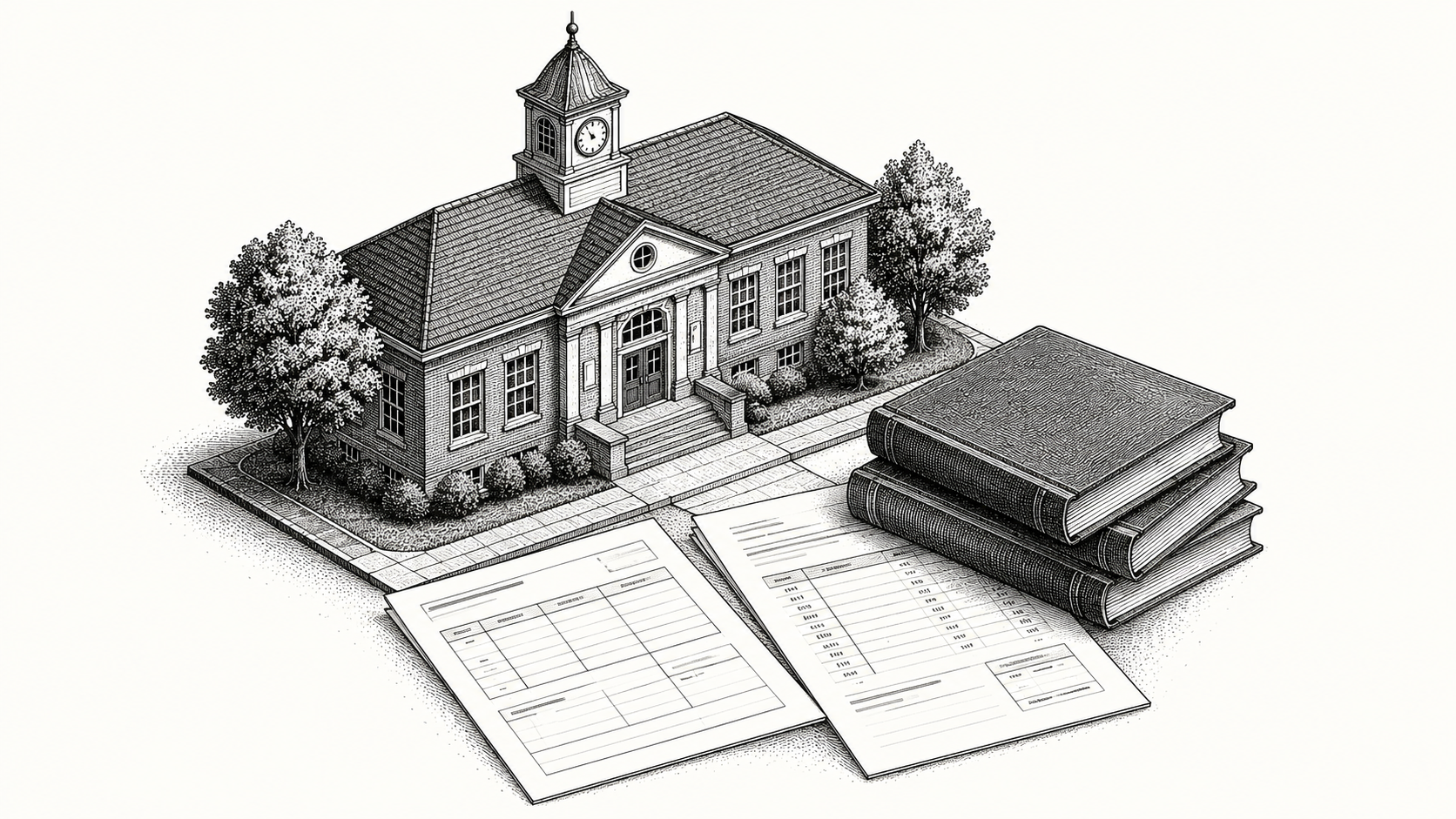 Engraving of a school building with textbooks and a purchase order invoice.