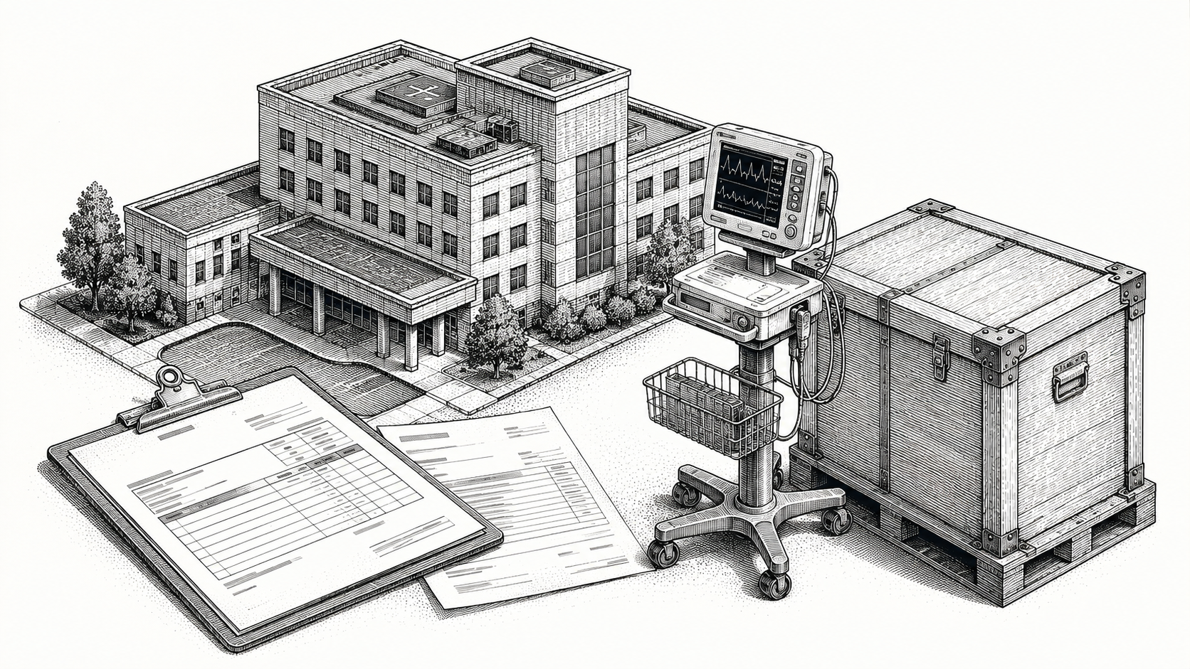 Engraving of a hospital with a medical device and an invoice with packing slip.