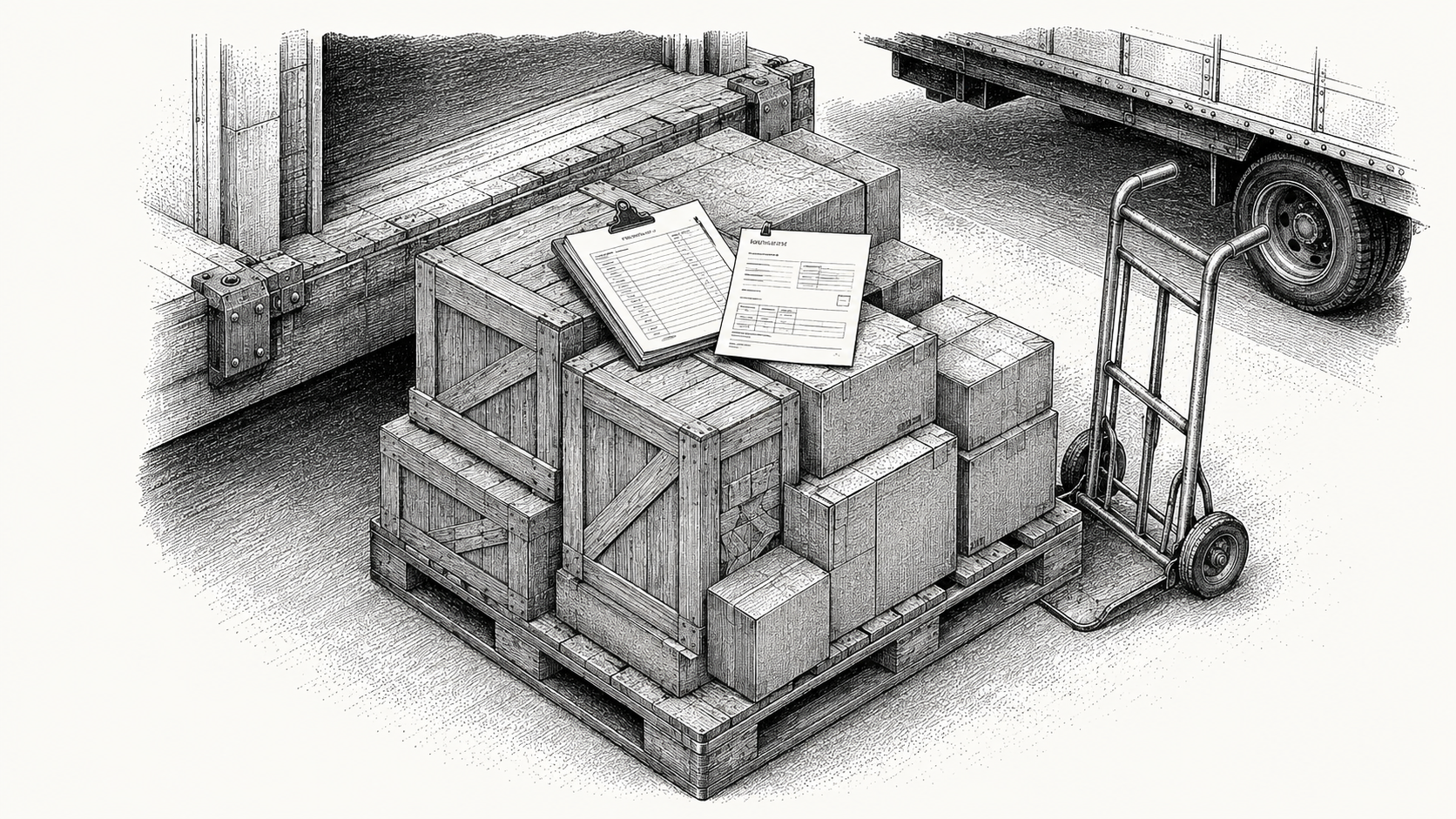 Engraving of a distribution pallet of crates with a delivery invoice and bill of lading.