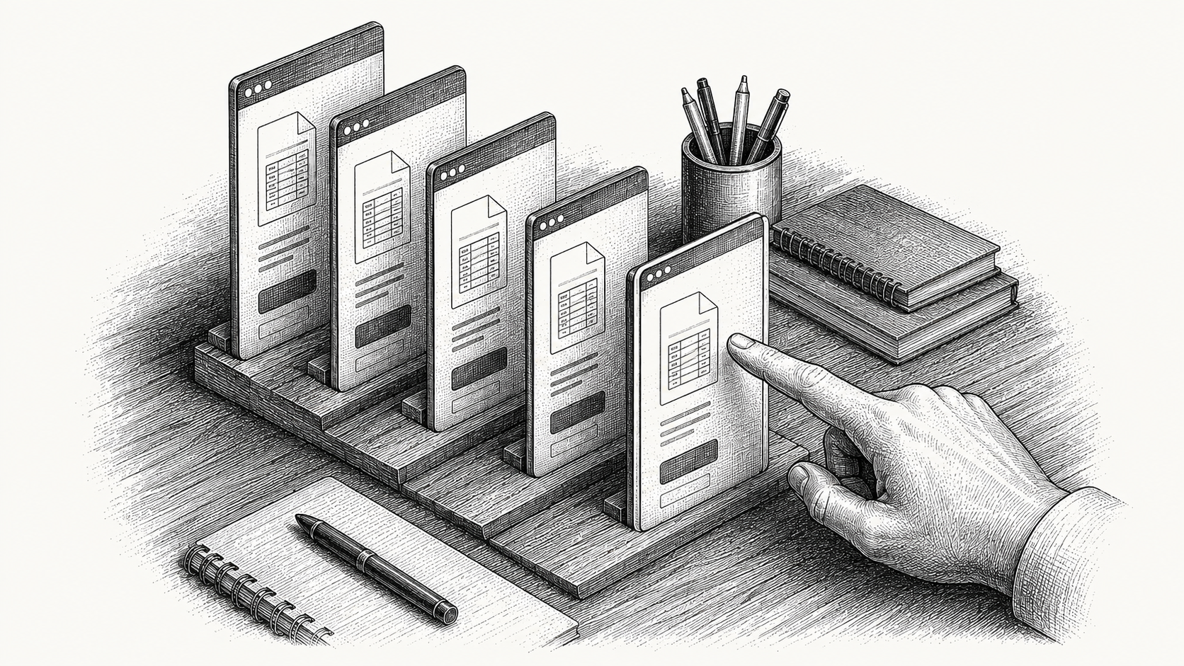 Engraving of a row of B2B customer payment portals compared side by side.