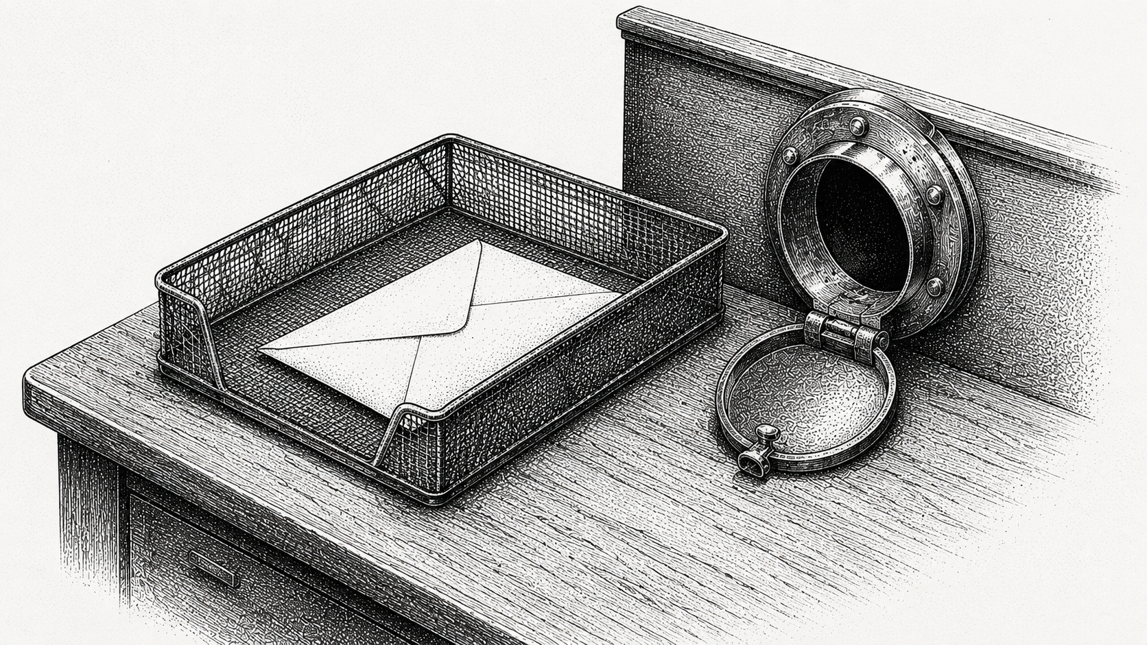 Engraving of an envelope in a mail tray beside an empty pneumatic tube terminal
