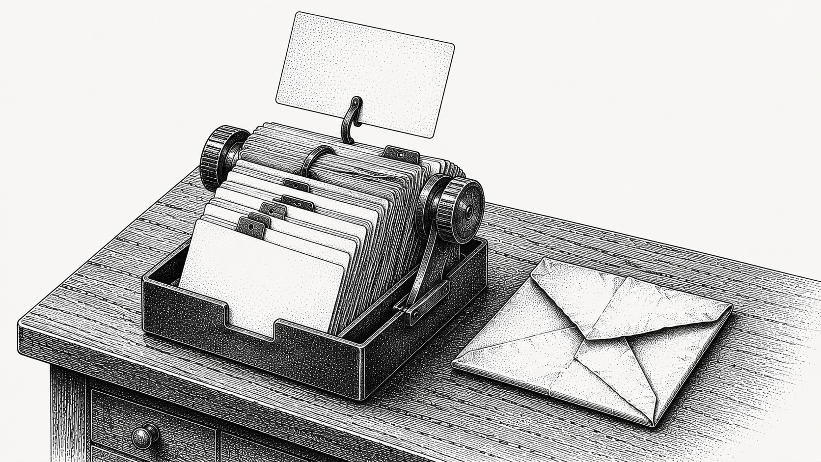 Engraving of a rotary card index with one card removed beside a returned letter