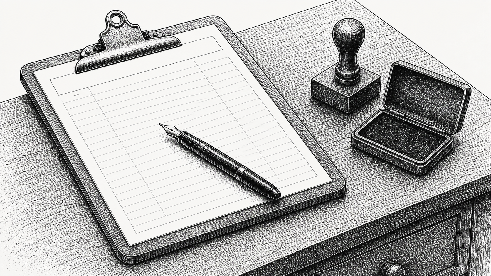 Engraving of a blank form on a clipboard with a fountain pen and rubber stamp
