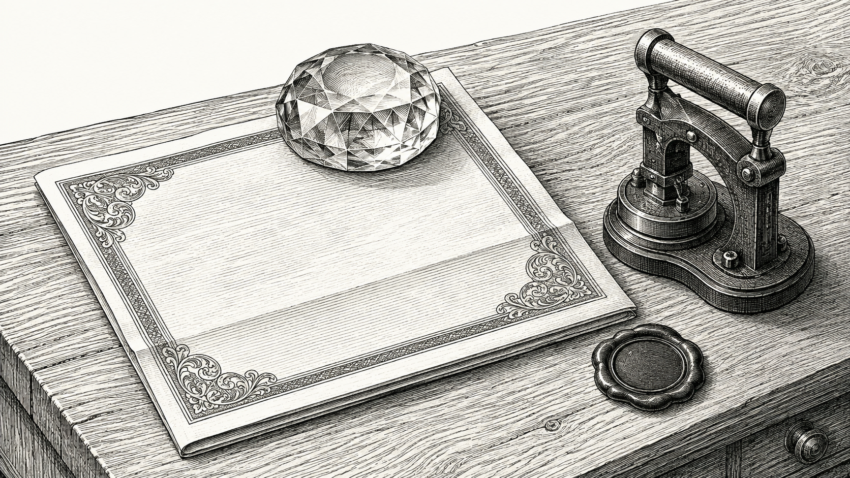 Engraving of a certificate under a glass paperweight beside a wax seal press