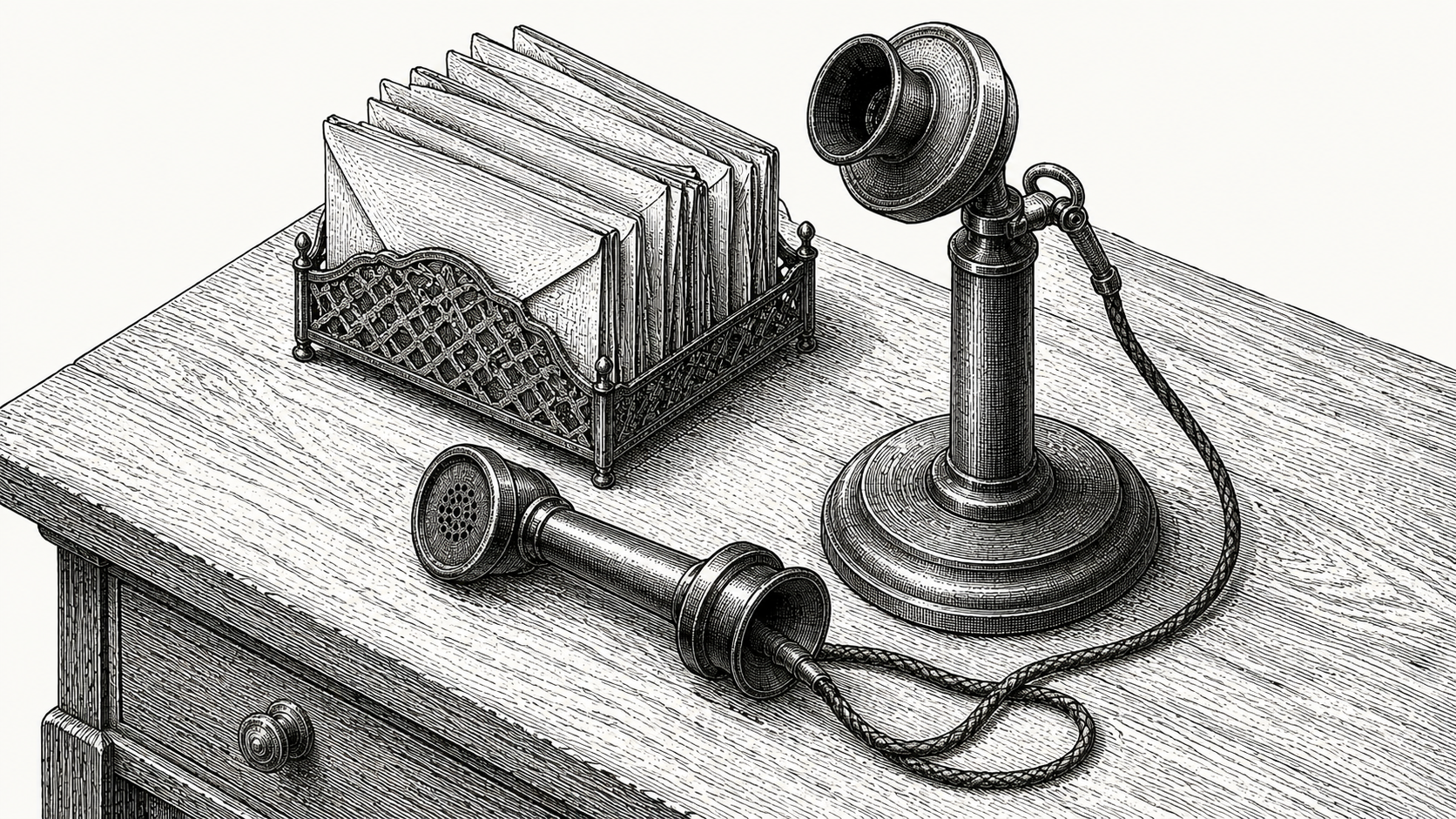 Engraving of a desk telephone off the hook beside a spike file of unanswered note