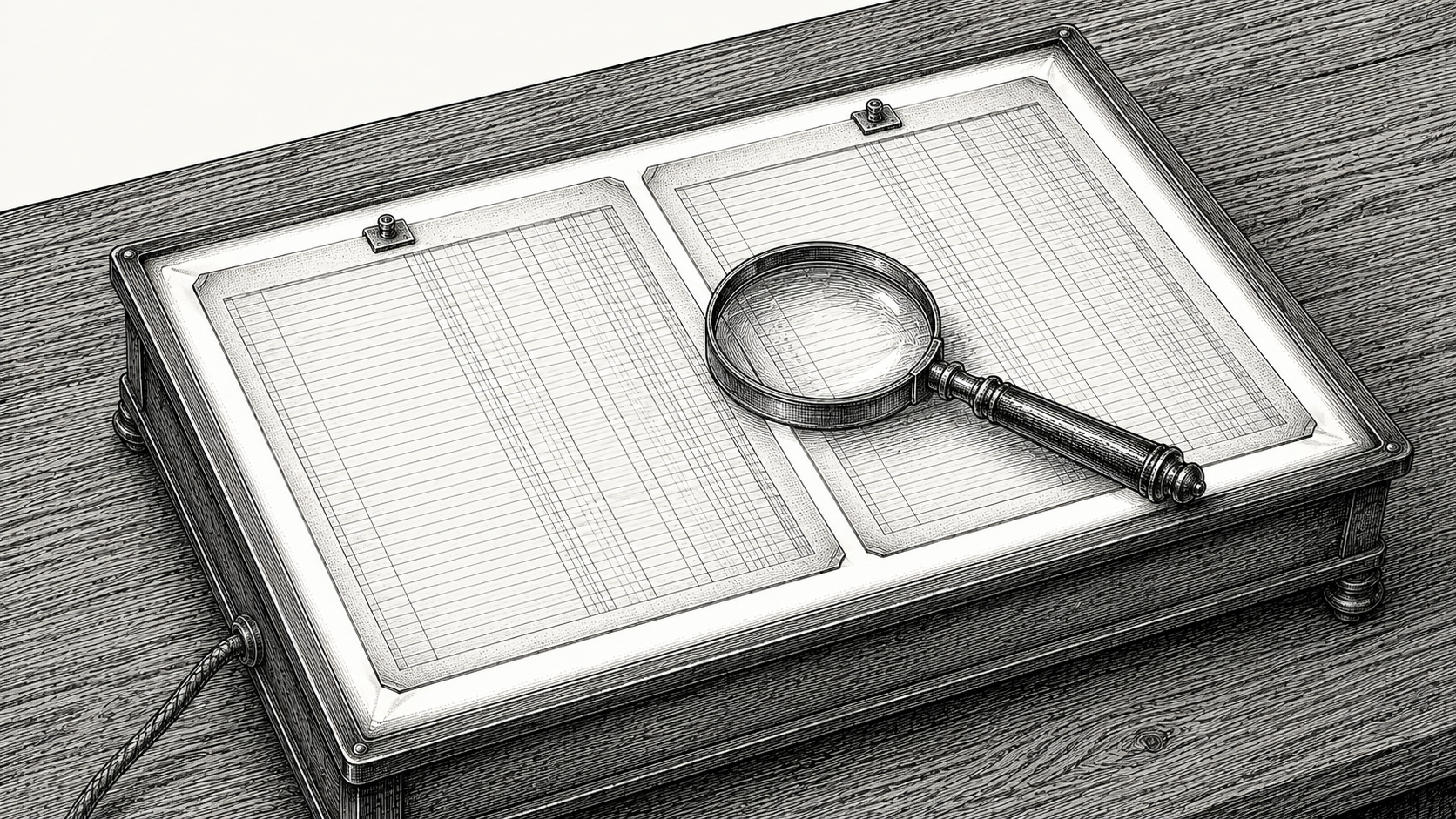 Engraving of two ledger sheets on a light box with a magnifying glass across the columns