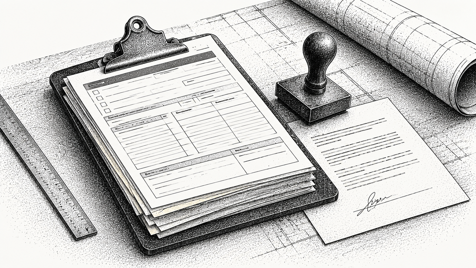 Engraving of a clipboard of pay application forms, a stamp and a partly signed release on a plan table