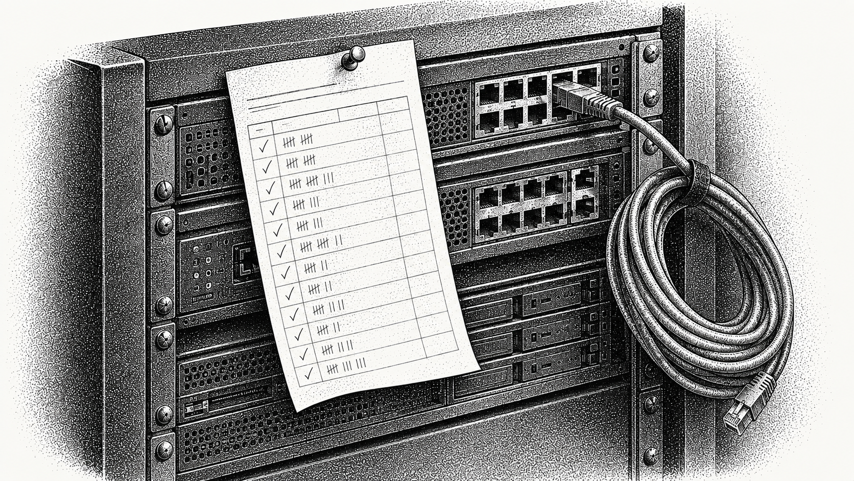 Engraving of a server rack panel with a hand-marked tally sheet pinned across the ports