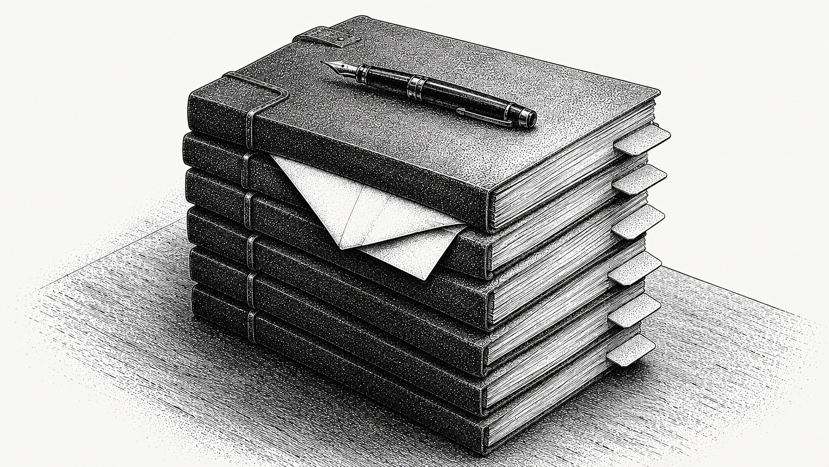 Engraving of a stack of tabbed legal briefs with a fountain pen and an unopened statement envelope
