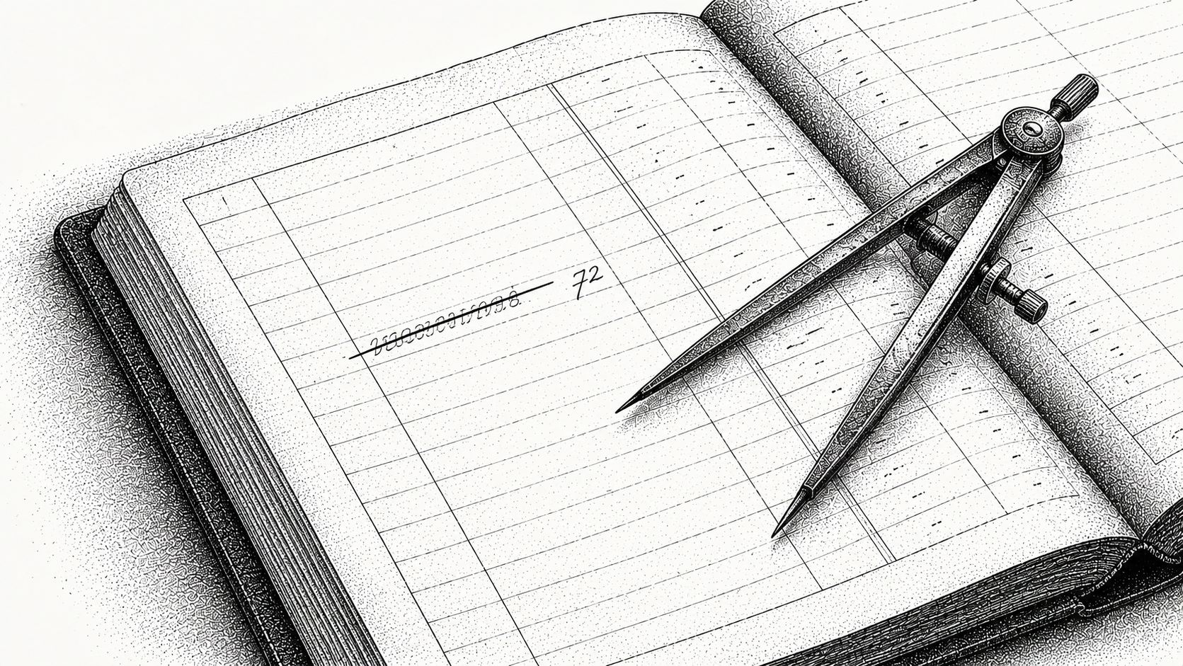 Engraving of a ledger line struck through with a smaller figure written beside it and dividers resting across the column