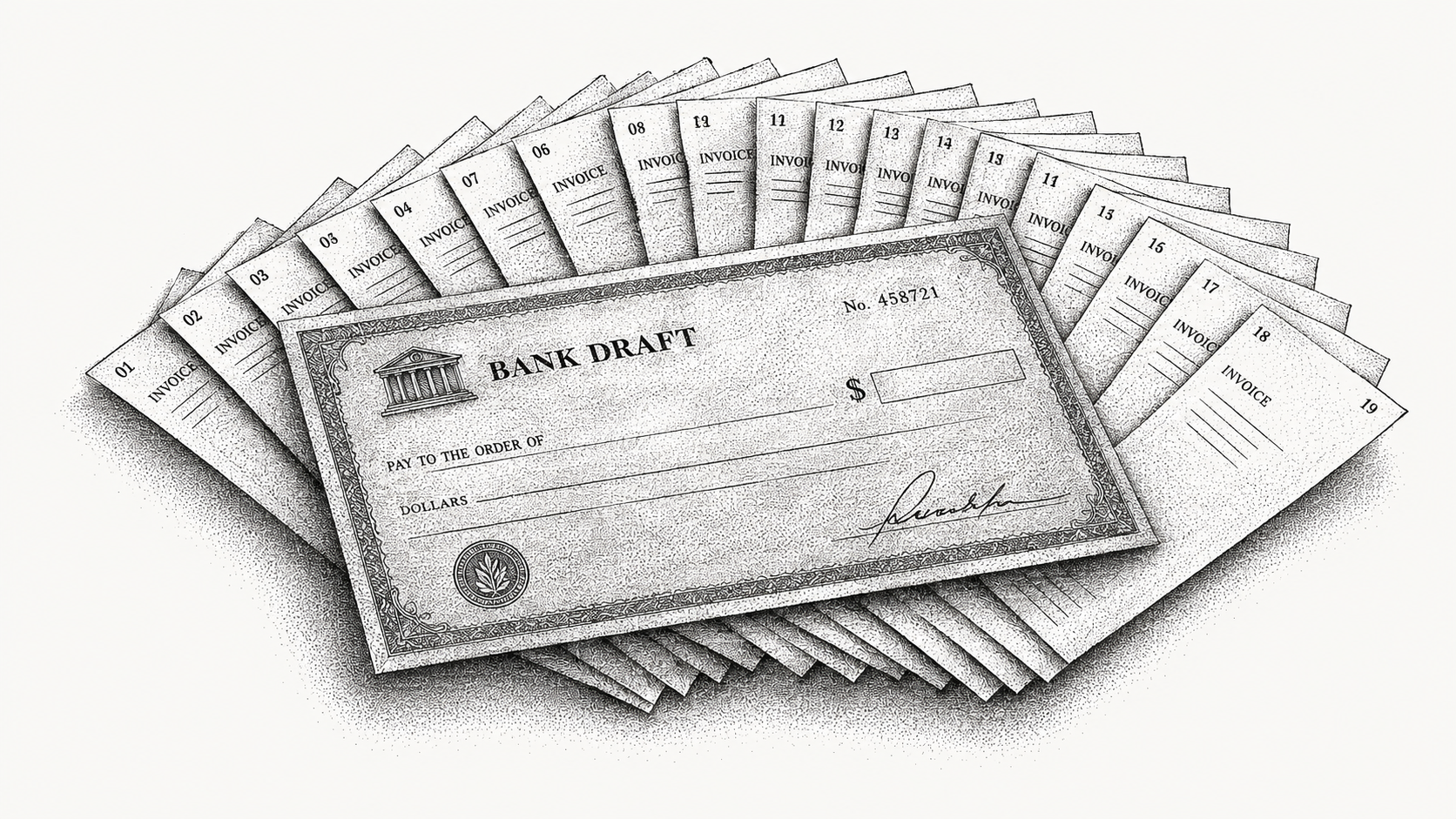 Engraving of one large bank draft lying across a fanned spread of nineteen smaller invoices