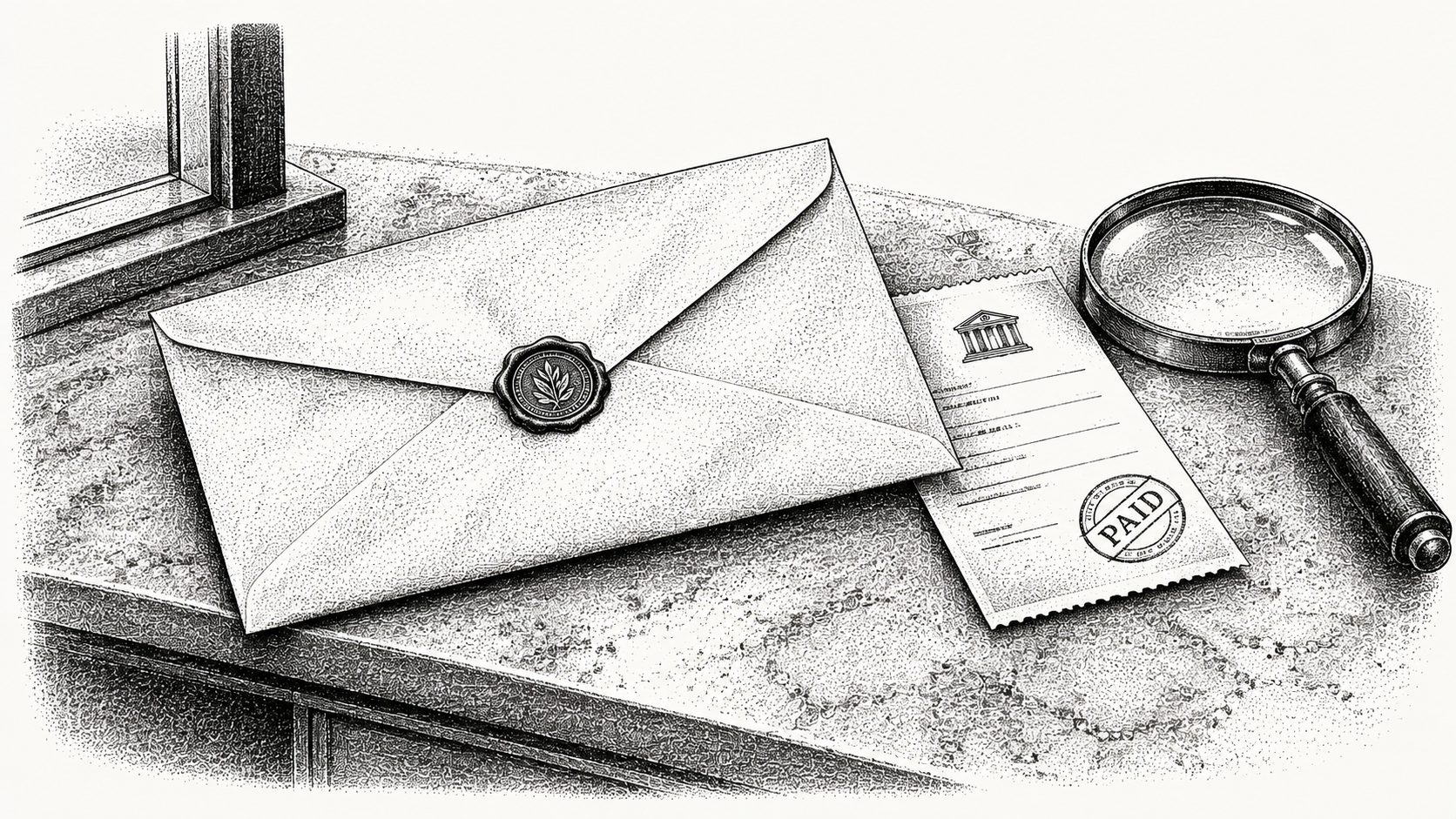 Engraving of an unaddressed envelope on a bank counter beside a stamped receipt and a magnifying glass