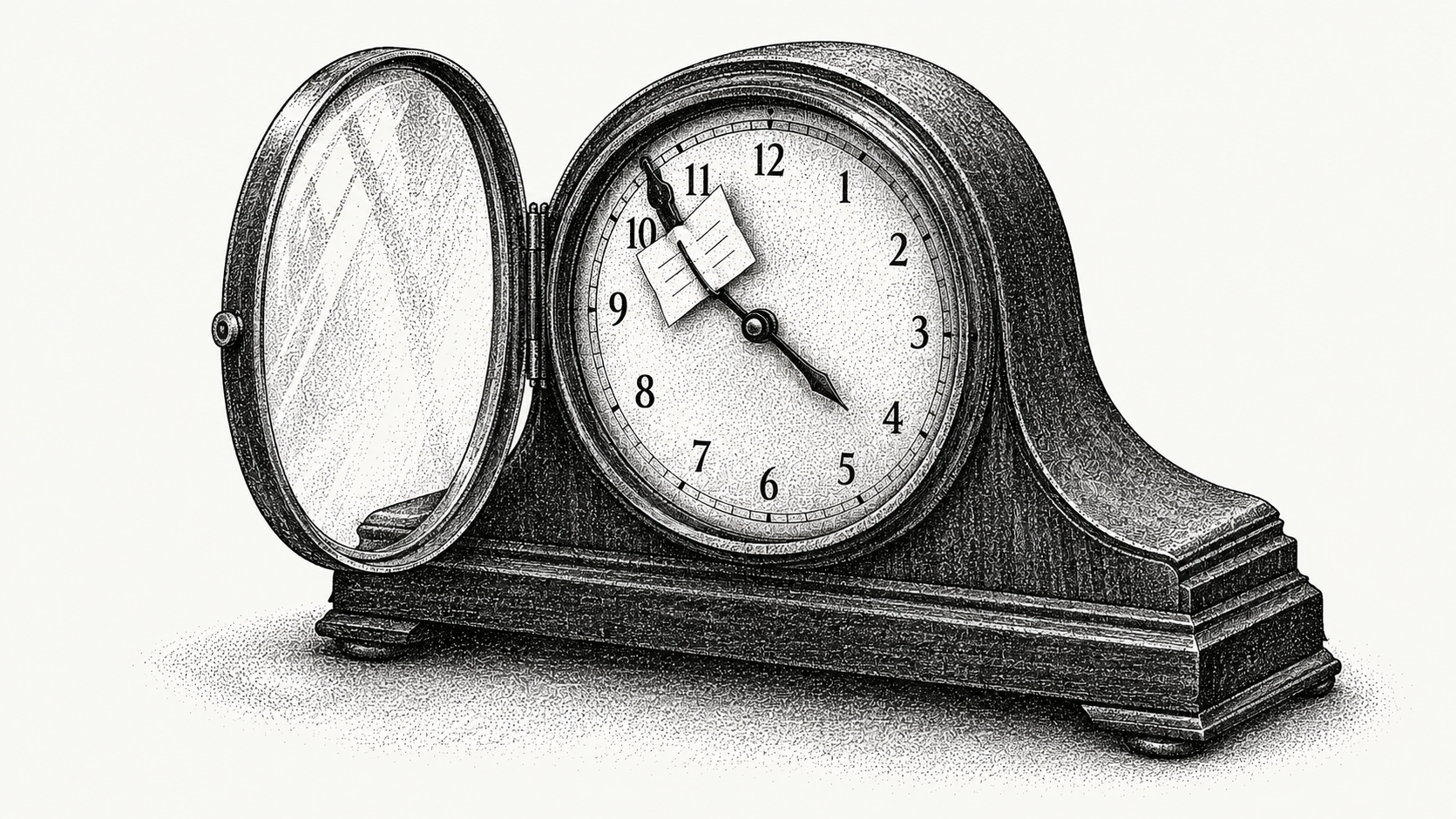 Engraving of a mantel clock with its minute hand held back by a paper docket wedged against the movement