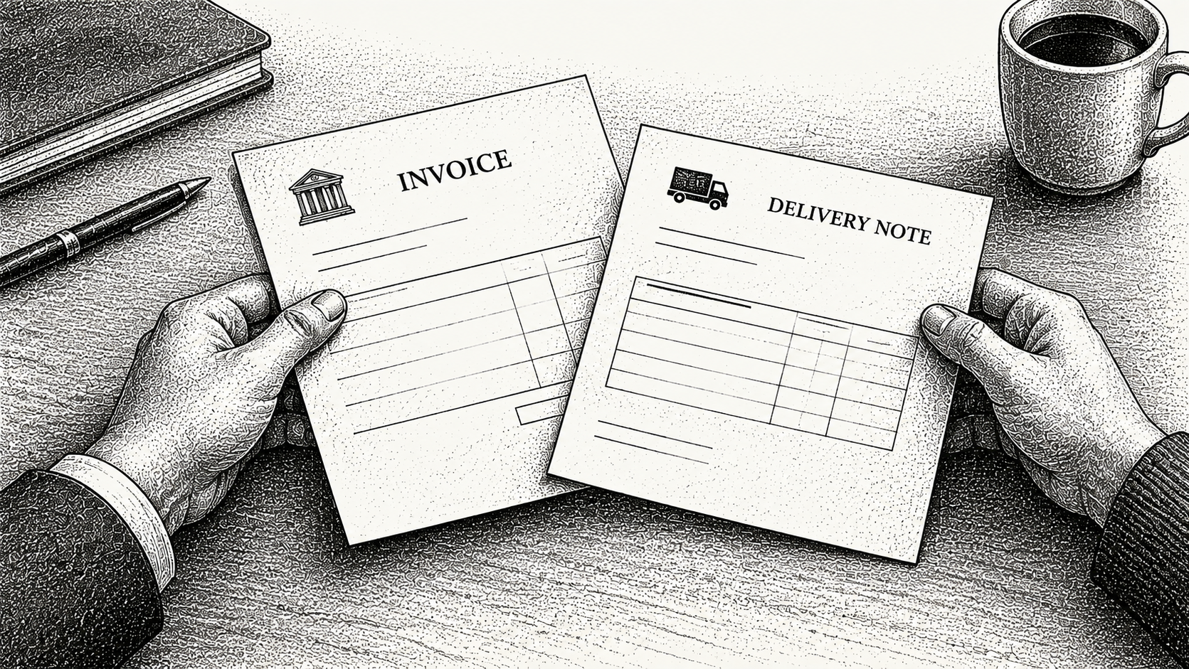 Engraving of two hands across a table holding an invoice and a delivery note overlapping at one line