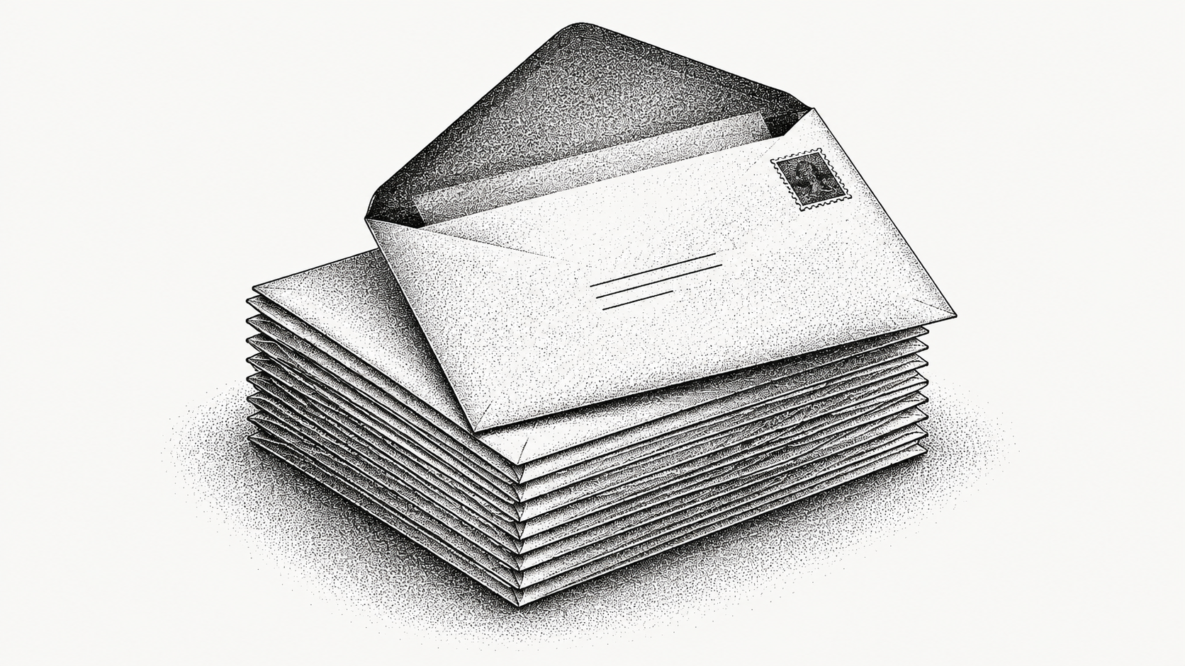 Engraving of a stack of identical envelopes to one recipient, the top one opened and the rest untouched