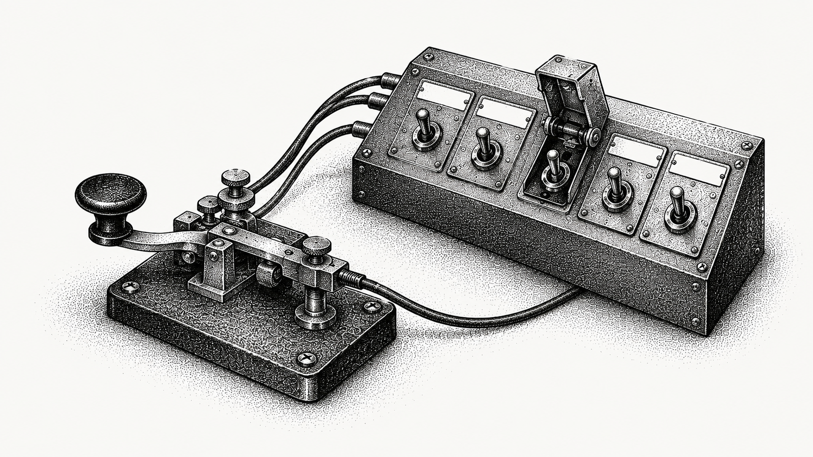 Engraving of a brass telegraph key wired to labelled switches, one guarded by a hinged cover