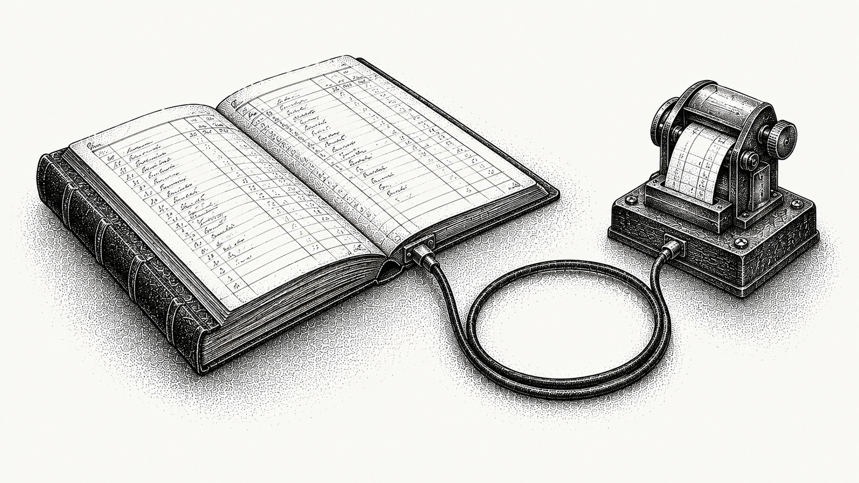 Engraving of a ledger book connected by one cable to a small brass reading device