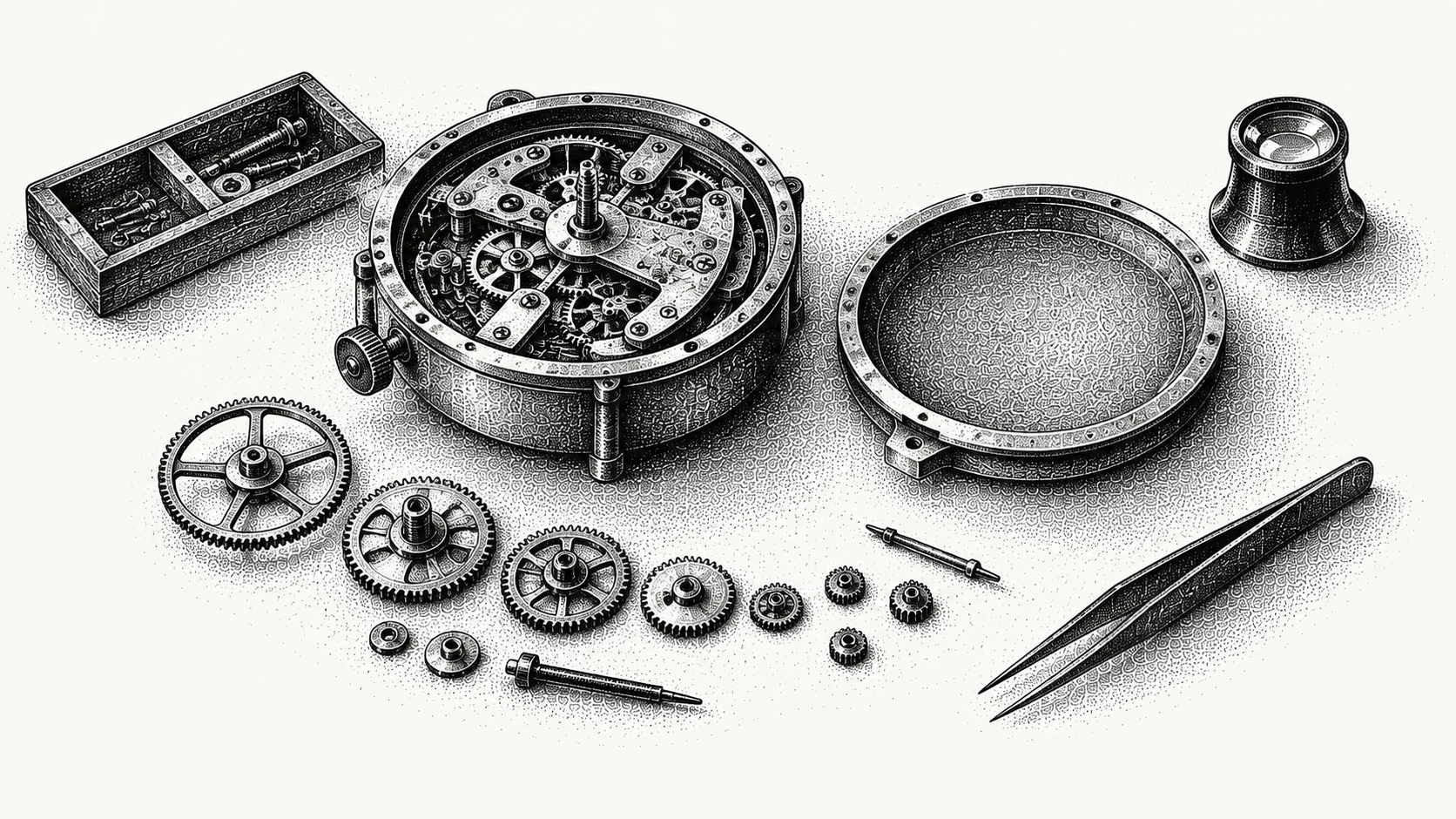 Engraving of a workbench with a half-assembled clockwork mechanism, its casing open and gears laid out beside it
