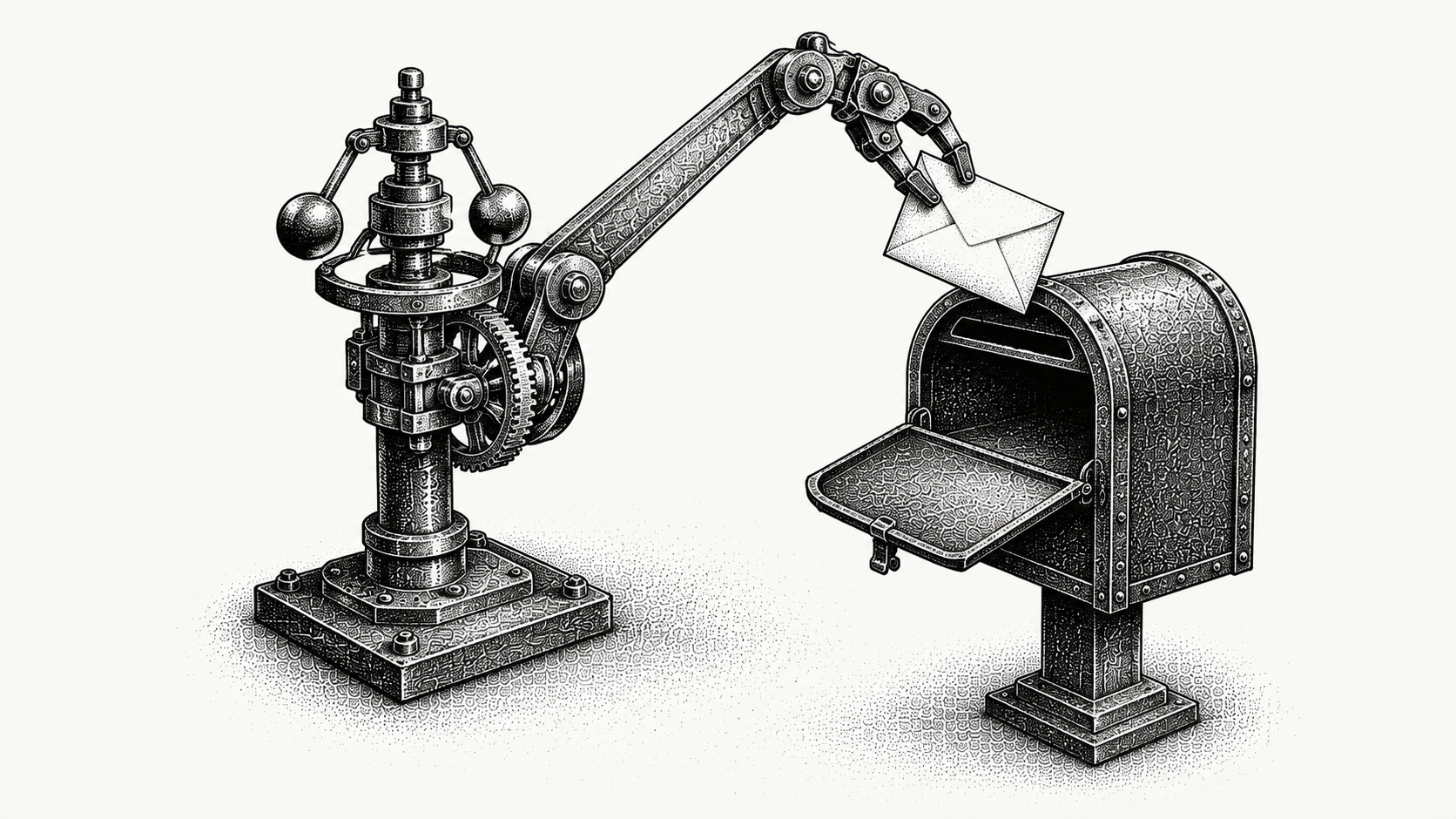 Engraving of a letter held by a mechanical arm above a post box with a governor visible at the joint