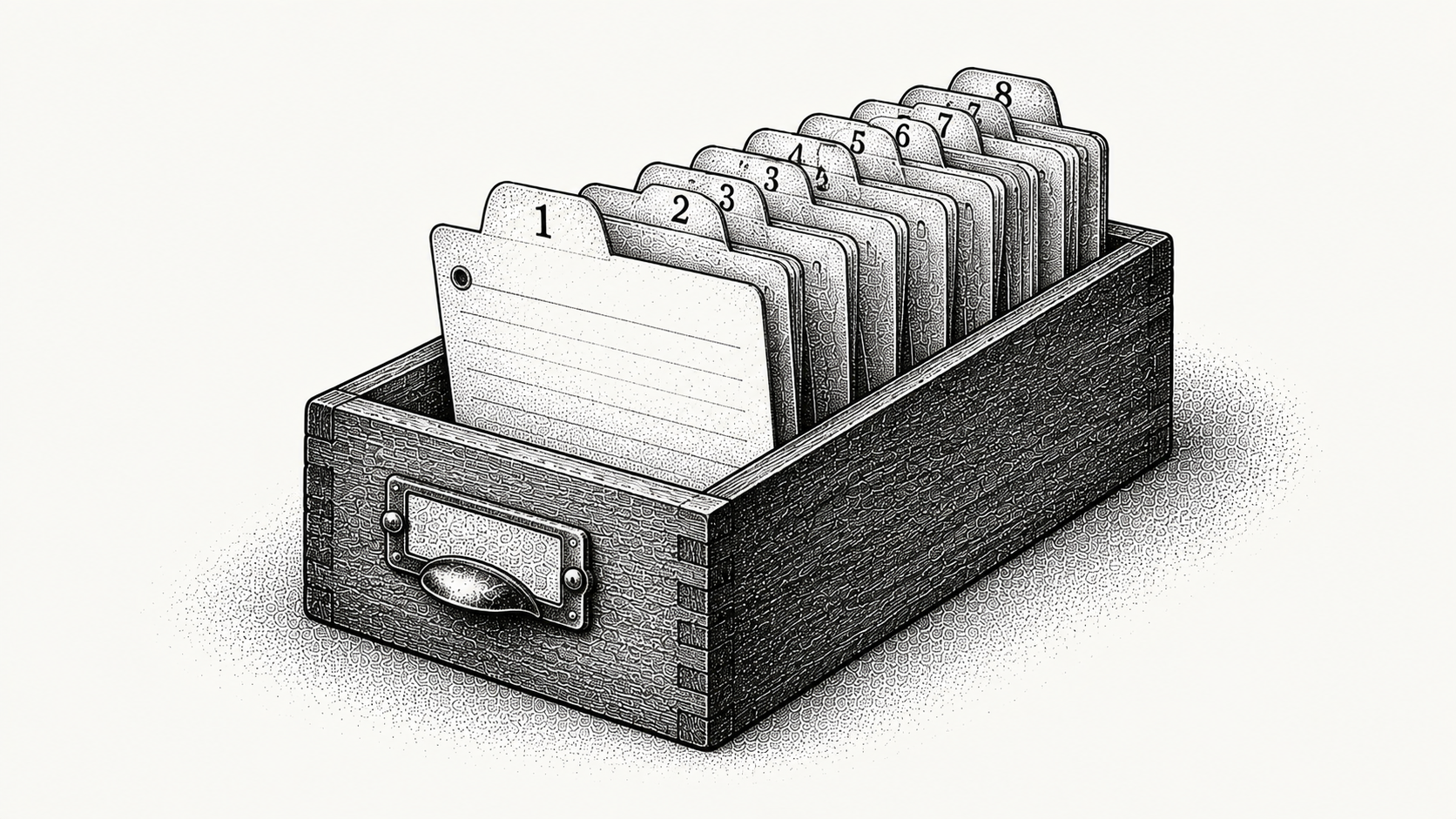 Engraving of eight numbered index cards in a wooden card file with one pulled forward