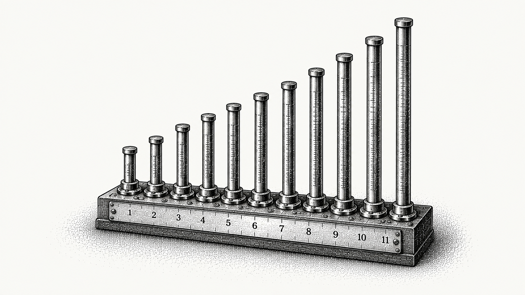Engraving of eleven brass measuring rods of differing lengths mounted upright on a calibrated base