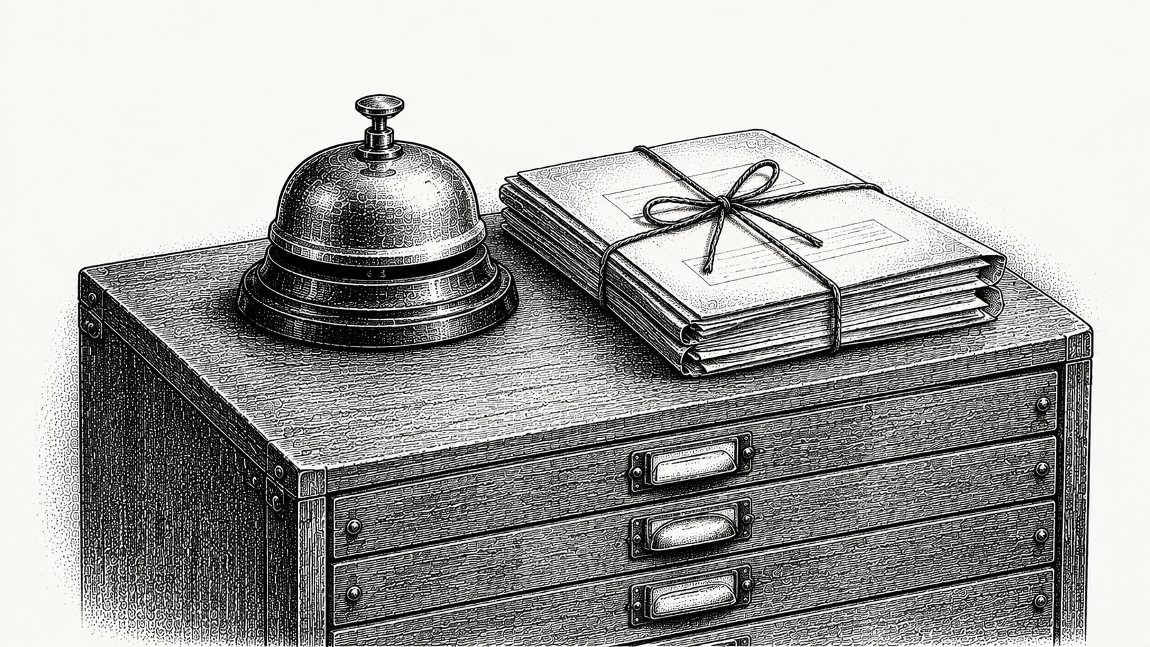 Engraving of a school bell beside a bound purchase order tied with string on a plan chest drawer