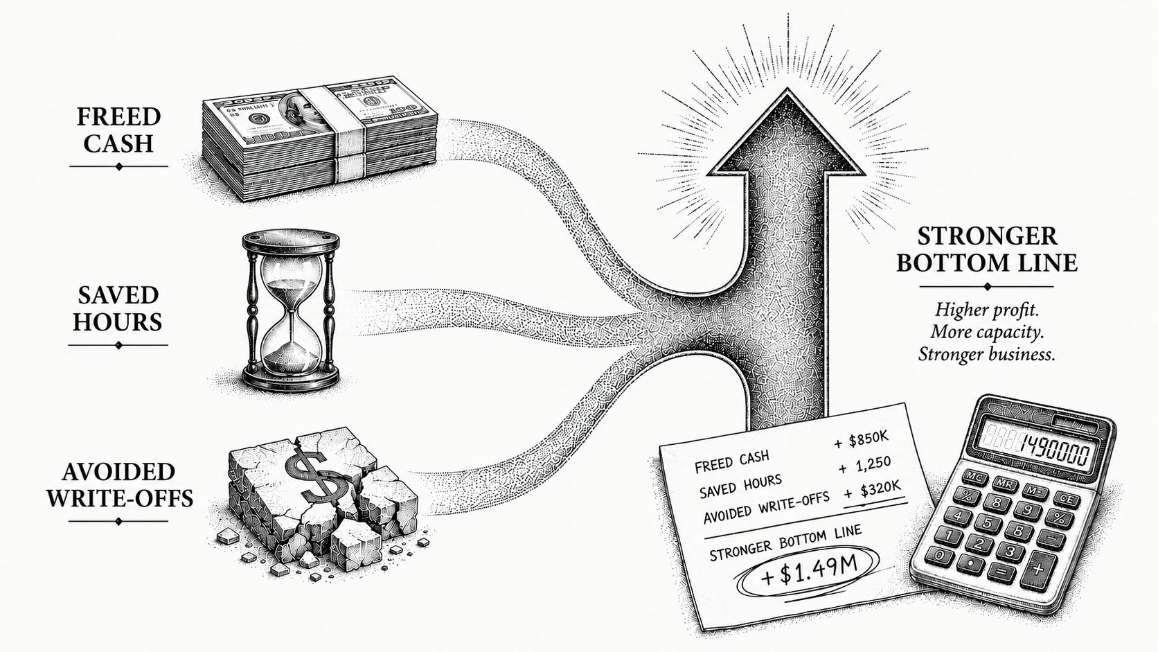Stipple illustration of three inputs (freed cash, hours saved, bad debt avoided) adding up to return.
