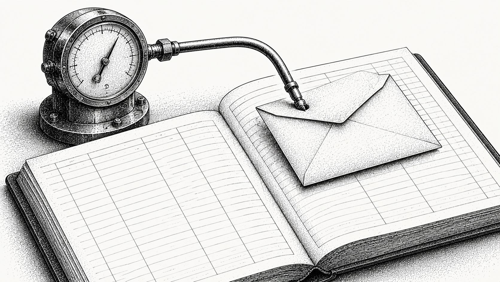 Brass utility meter with its needle mid-sweep, feeding a pipe into a sealed envelope resting on an open ledger
