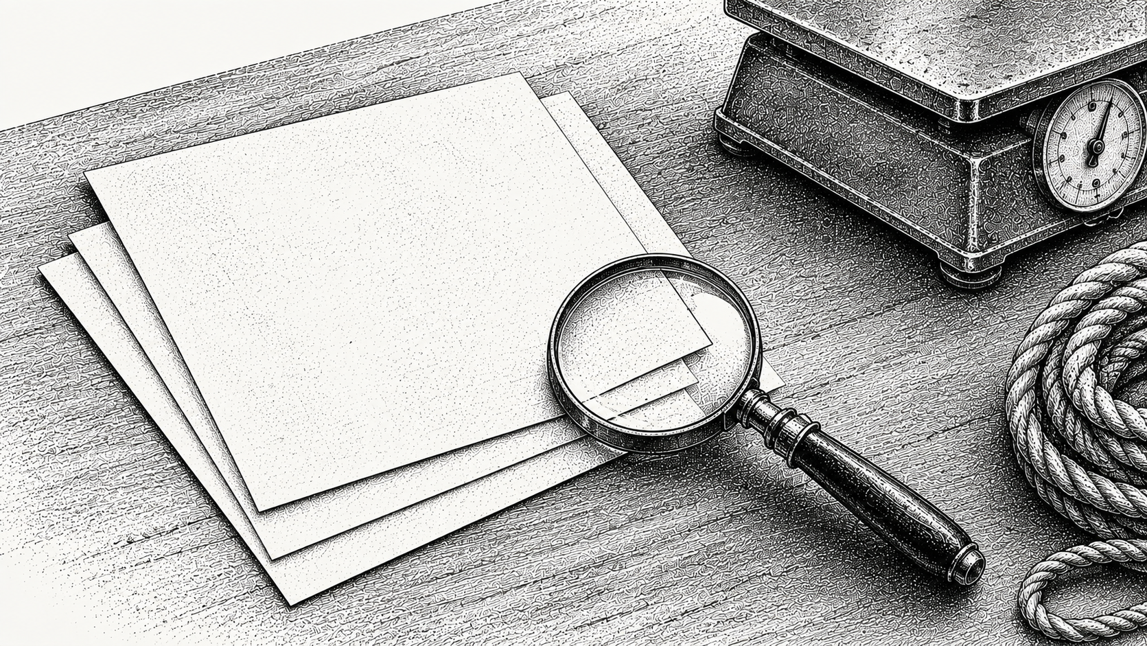 Three sheets of paper overlapping on a desk with a magnifier held over the corner where their edges meet