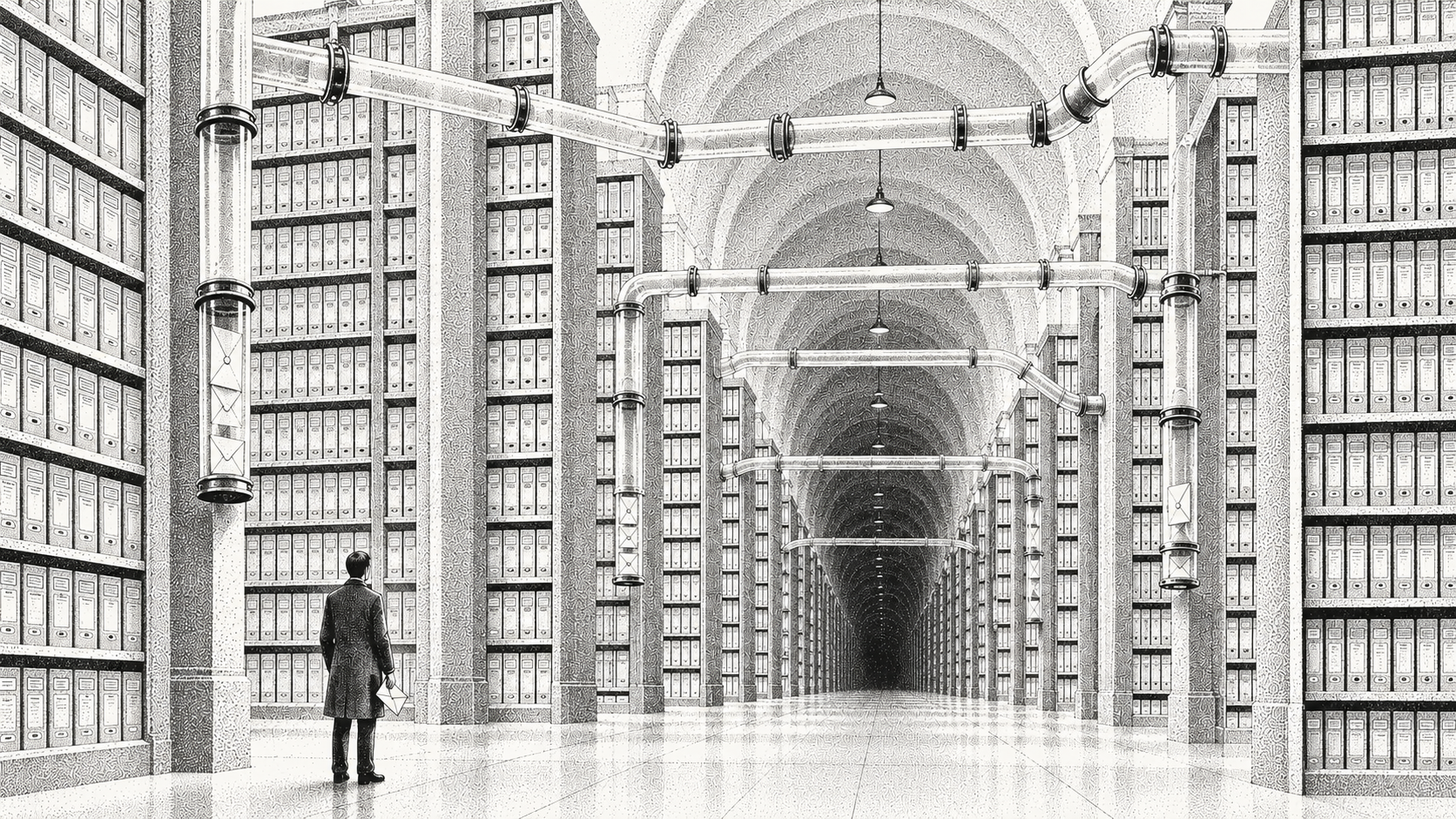 Vaulted archive hall lined with identical bound ledgers, pneumatic tubes overhead, one figure holding a single envelope
