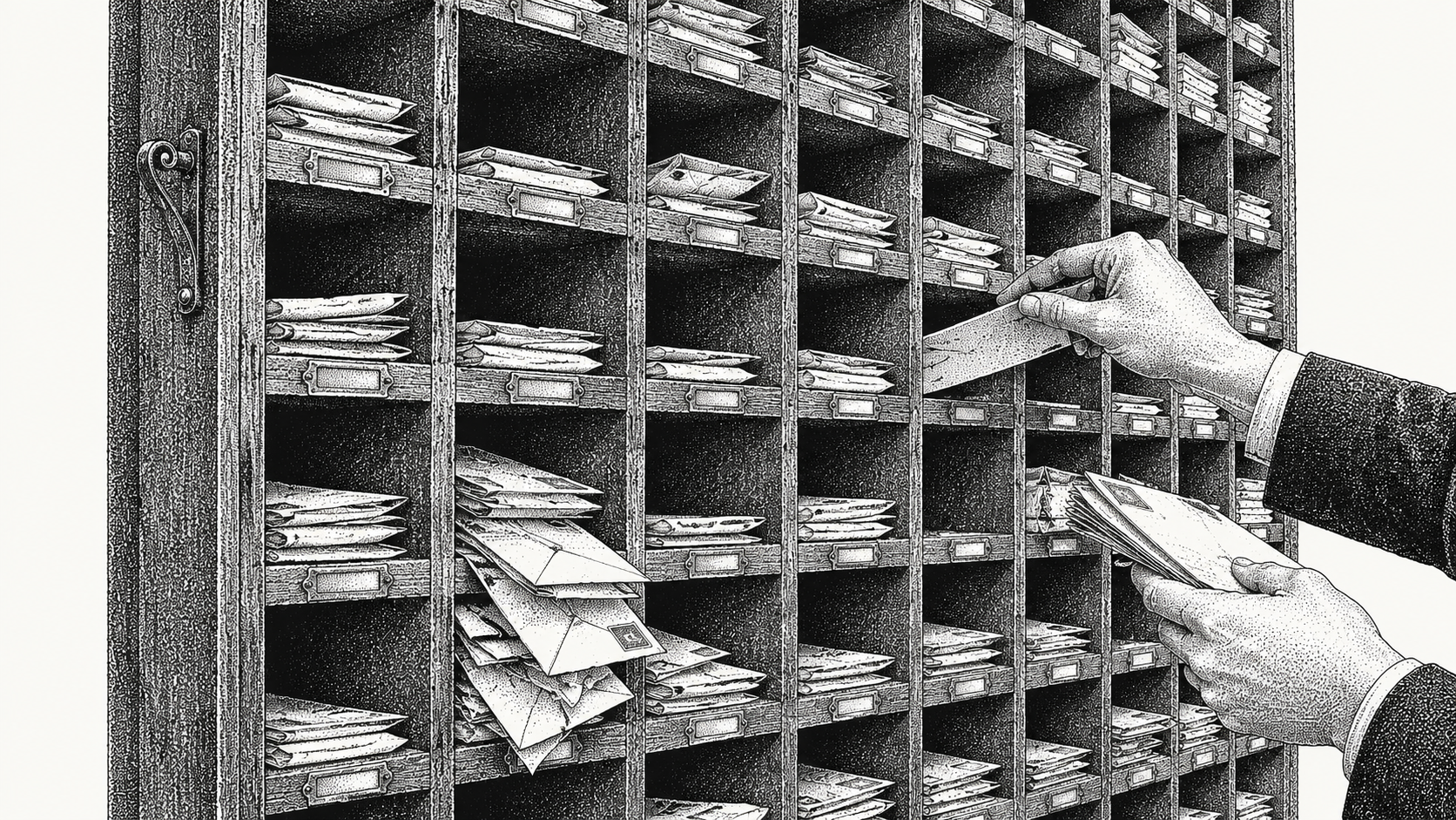 Wooden post office sorting frame of pigeonholes, hands placing a letter into one slot, another overflowing