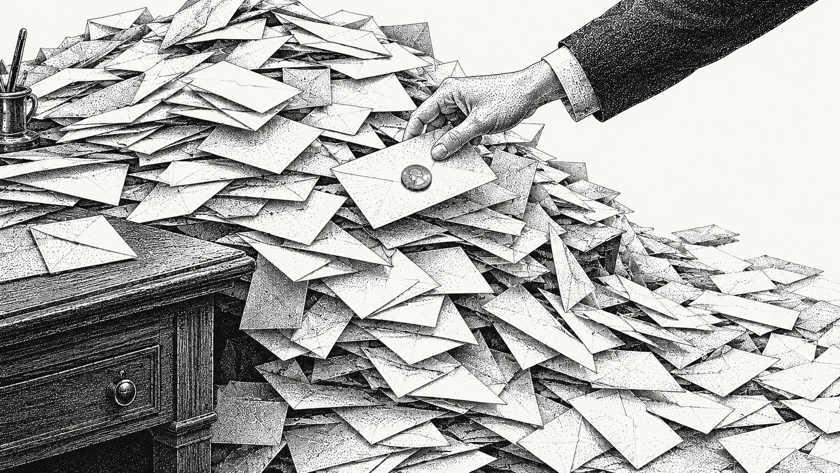 Mountain of unopened envelopes spilling off a desk, a hand drawing one out with a coin resting on it