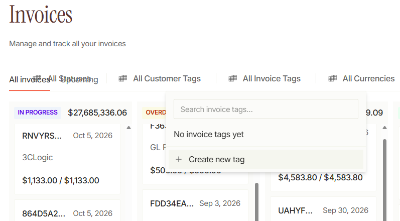 Invoice tag filter open on the invoices list