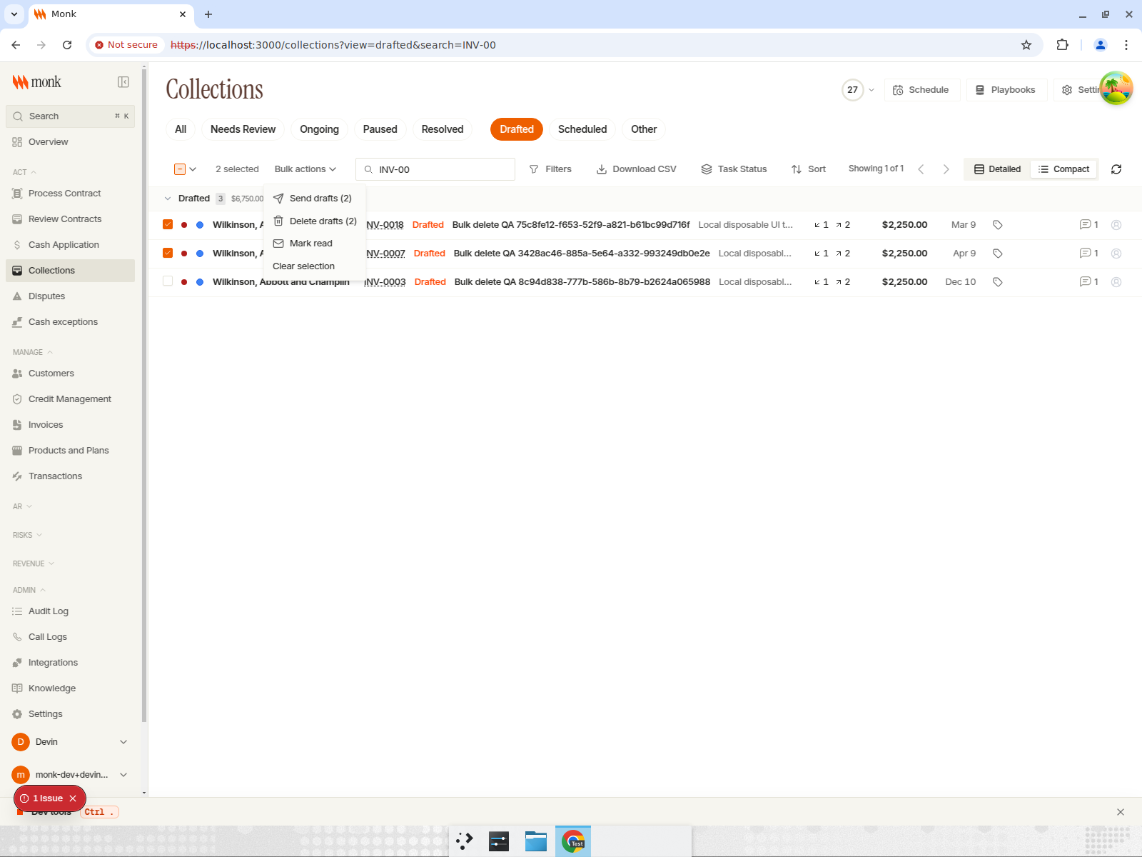 Bulk actions menu on the drafted collections view