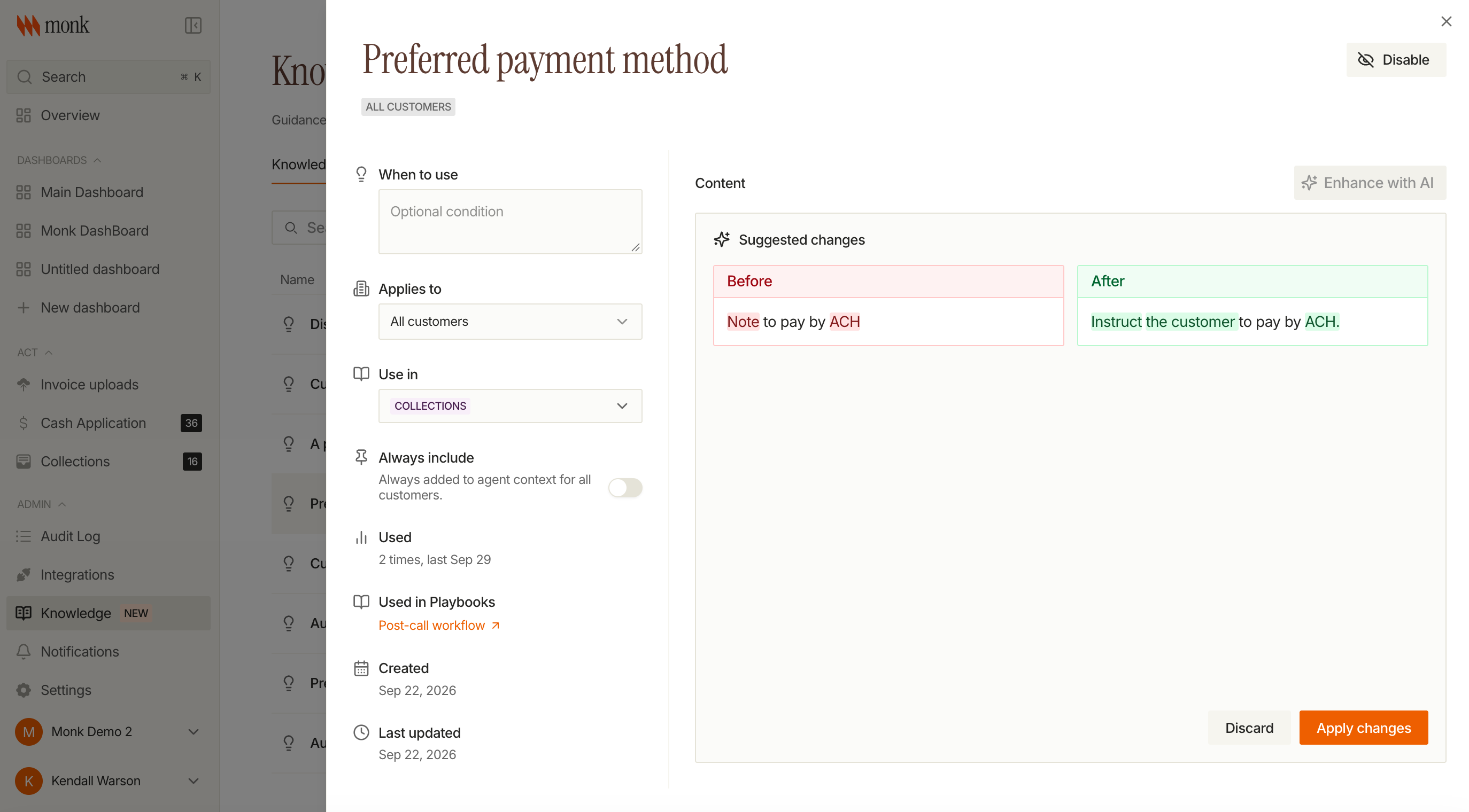A Knowledge entry showing suggested changes as a before-and-after diff
