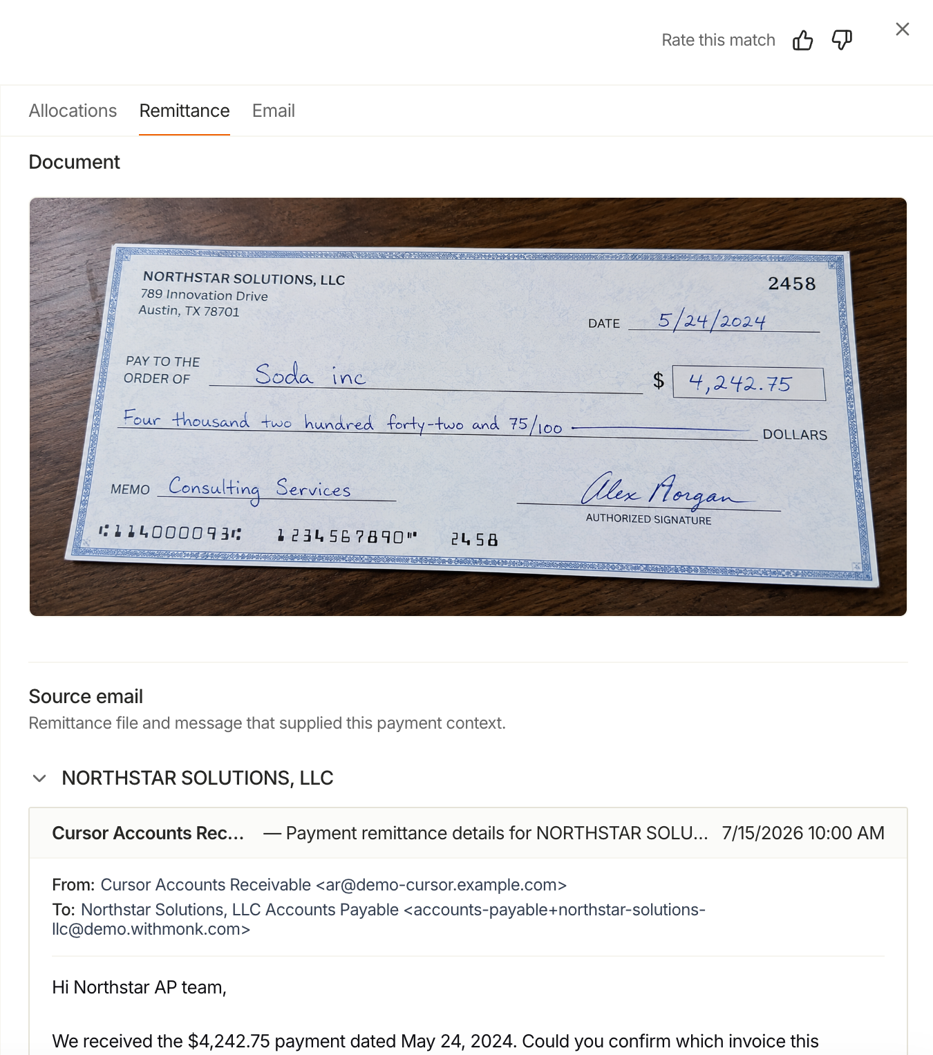 A check image attached to a remittance, with its source email below