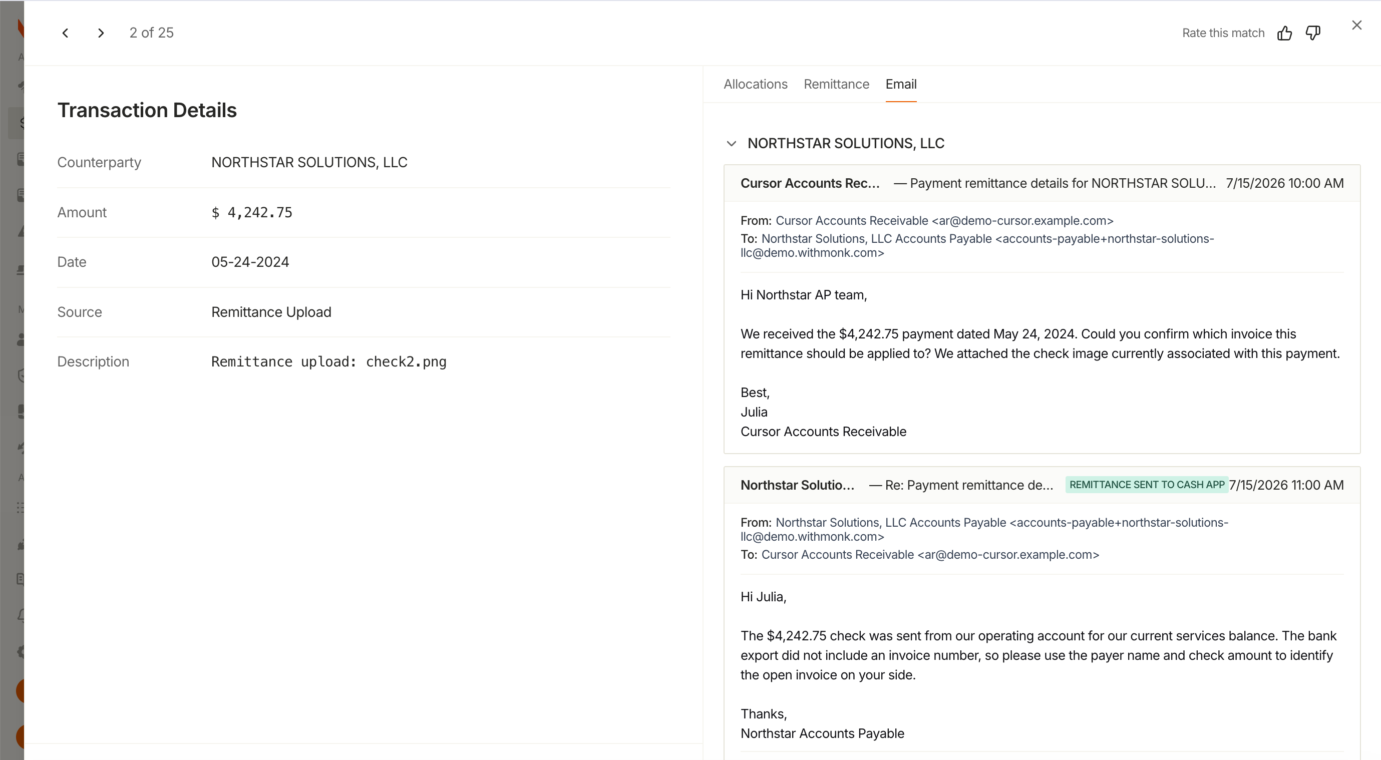 A transaction matched to the remittance email it arrived in